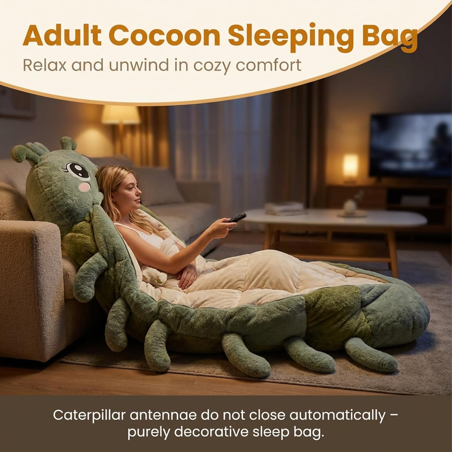 Hugging Caterpillar Sleeping Bags, Plush Cocoon Sleeping Bag with Pull Cord, Cozy Indoor Nap Pod, Full Body Fluffy Lounger, Thick Quilted Interiorfor Reading Relaxing Home Dorm Travel