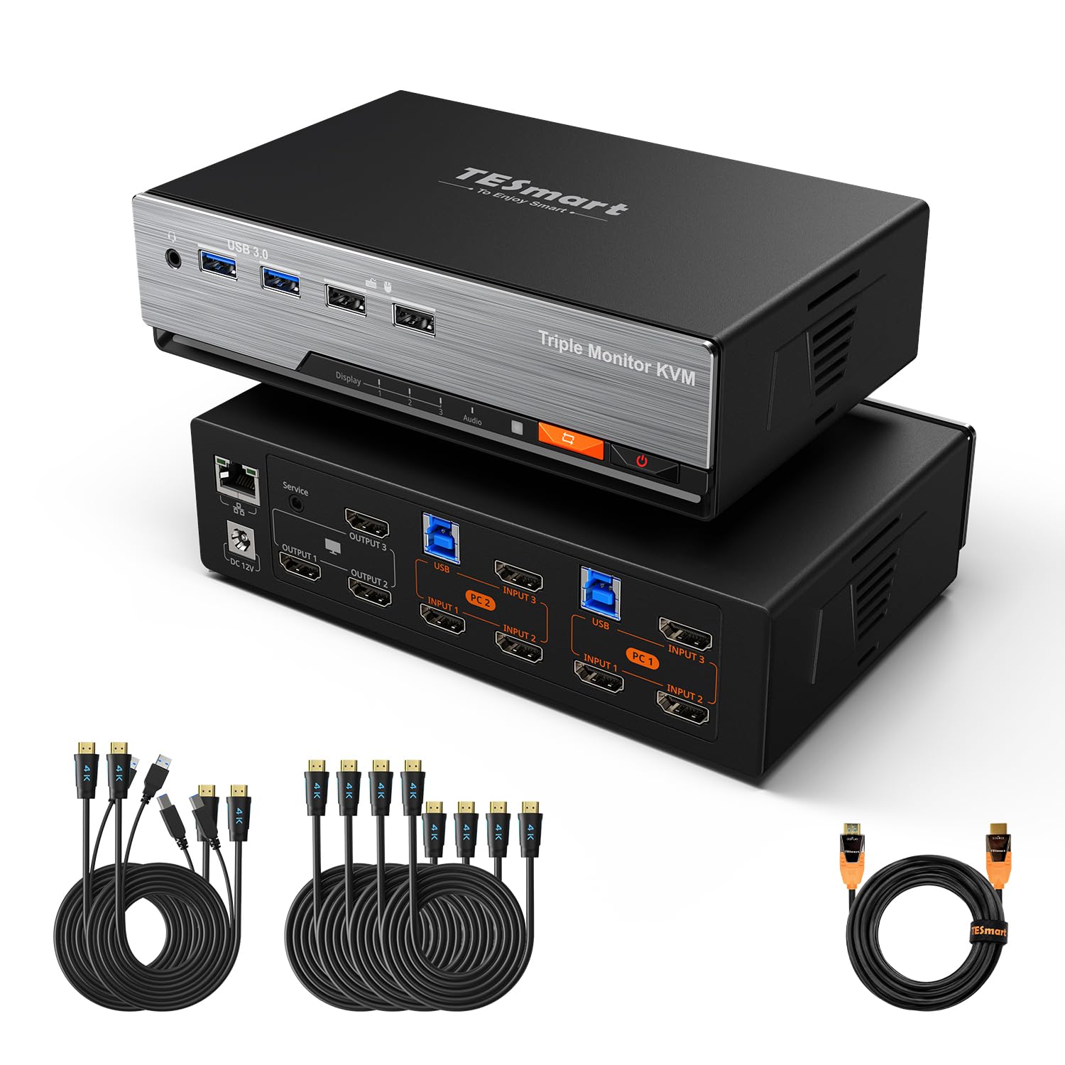 TESmart KVM Switch 2 PC 3 Monitor 4K+cavo in fibra ottica da 5 m