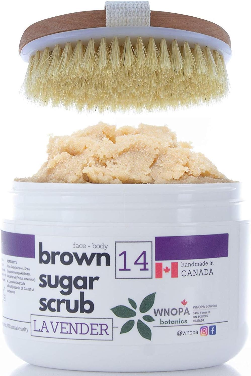 Sugar Scrub Body Exfoliator + Dry Brushing Body Brush - French Lavender Face Body Exfoliating Scrub with 100% Natural Botanics - Handmade in Canada - 10 oz + Body Scrub Brush (Lavender)