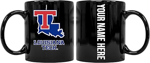 Collegiate Custom Louisiana Tech Bulldogs - Taza de cerámica personalizada de 8 onzas con tu nombre en la parte posterior (blanco)
