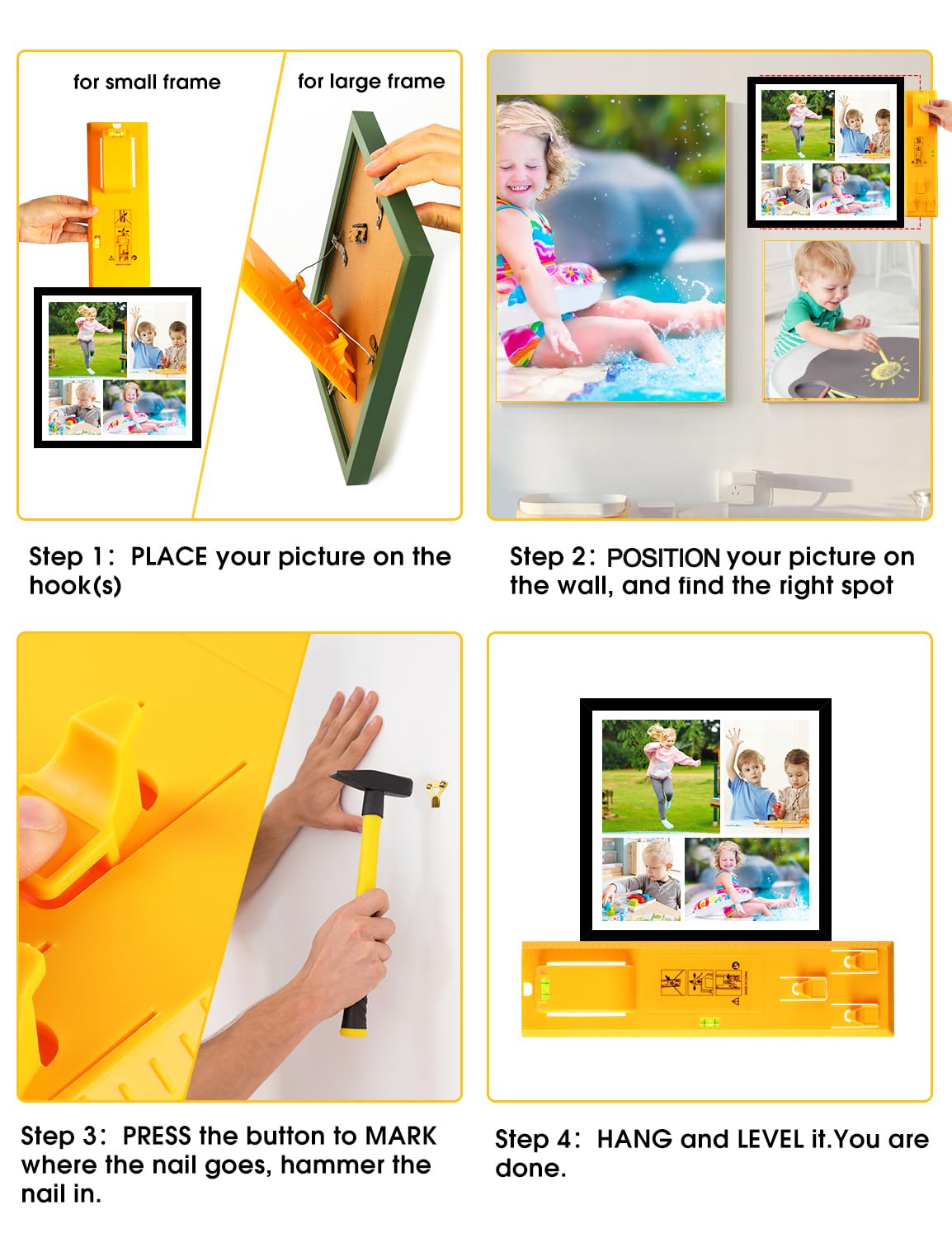Starlife Goodsnova Kit Per Appendere Quadri Con Livella E Dispositivo Di Marcatura - 218 Pezzi Con Ganci, Chiodi, Fili E Martello, Giallo