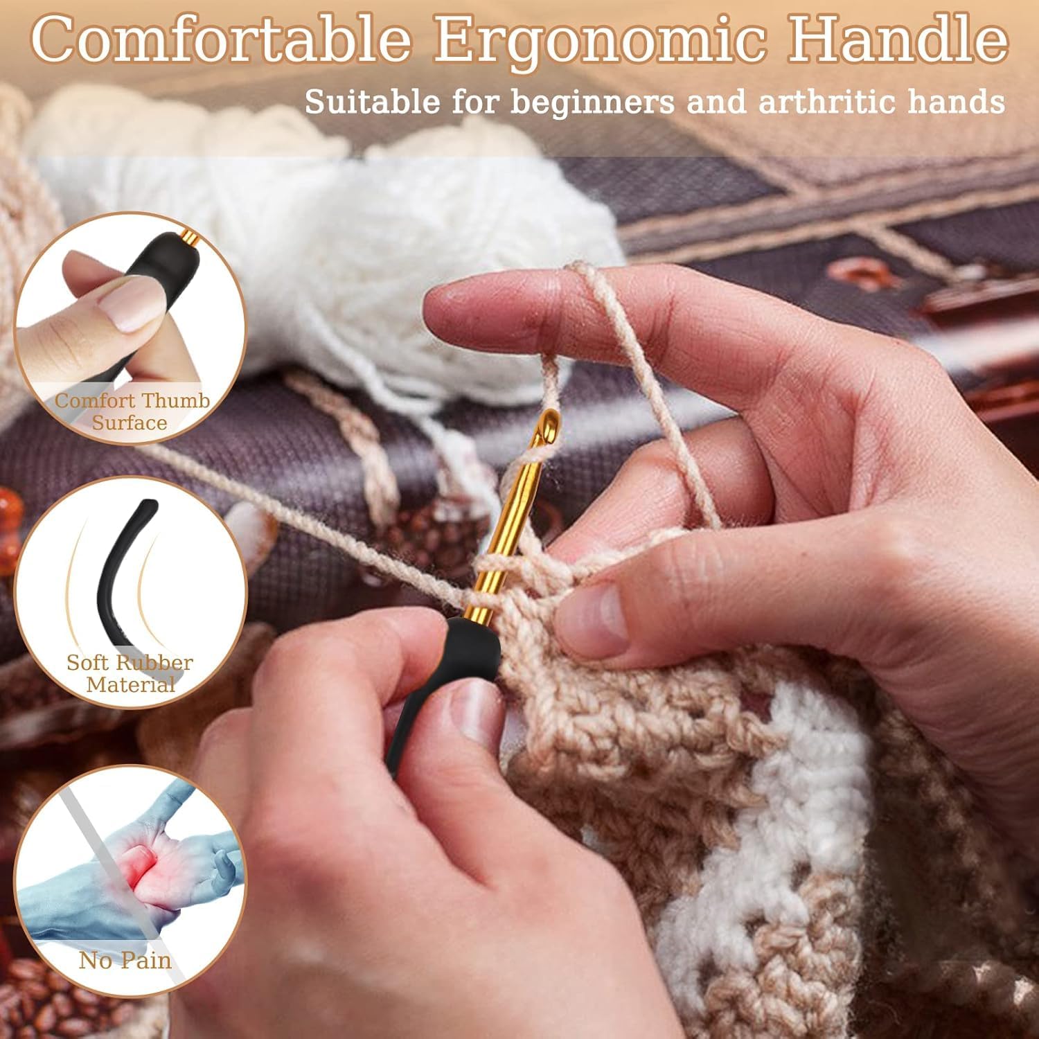 VIRADHAM 37pcs Crochet Hook Set, Black Gold Crochet Hooks Ergonomic with Grips for Arthritic Hands, Crochets Needles Set with Knitting & Crochet Supplies, Ideal Gift for Crocheting Beginner Lover (gold hook yarn kit) 1