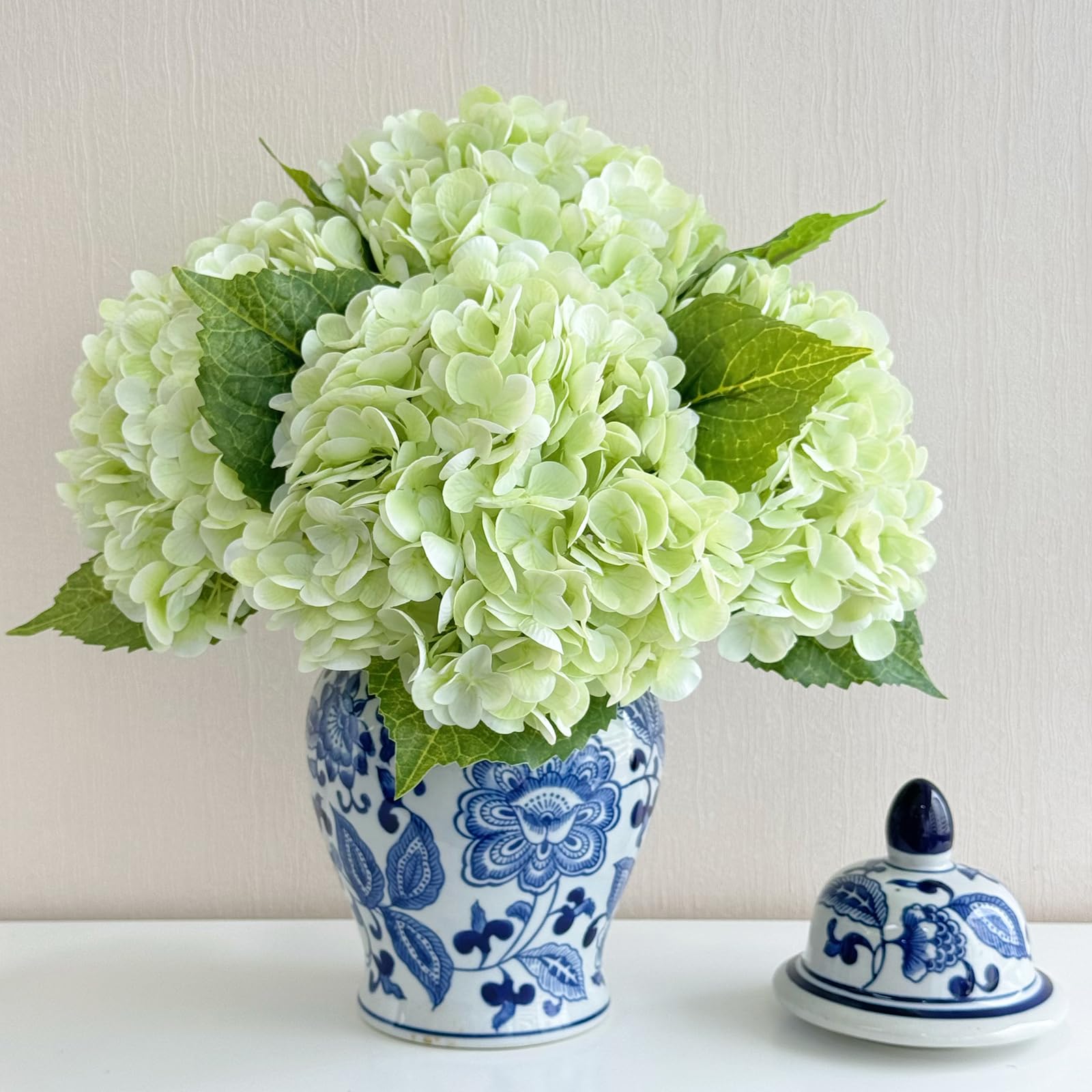 ZYTUYO 4 Pcs 21 inches Real Touch Light Green Artificial Hydrangeas Flower Lifelike Realistic Latex Hydrangeas Faux Flower for Home Decor Kitchen