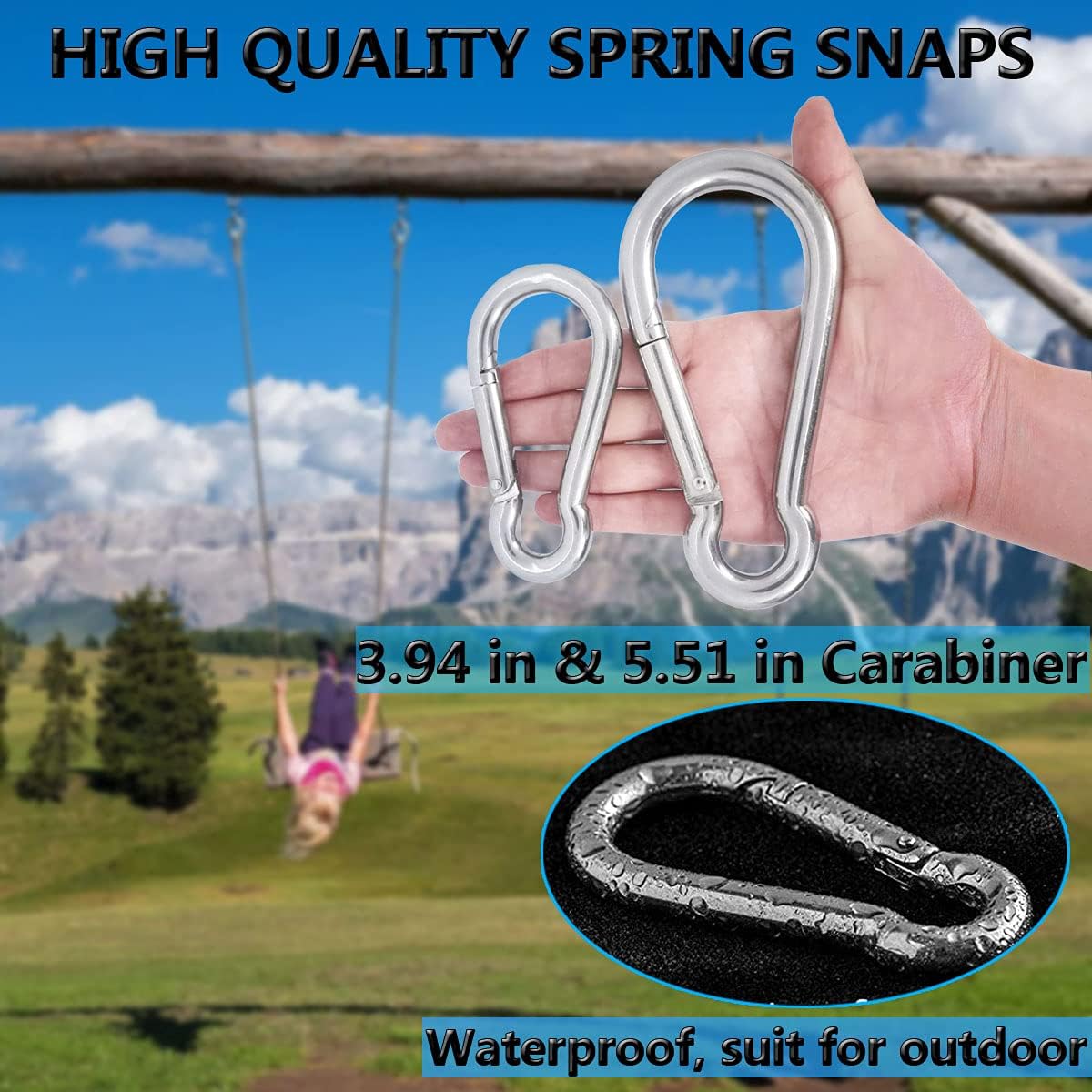5 Inch 4 Inch Large Spring Snap Hooks, Ekunbuy Heavy Duty Rope Connector 304 Stainless Steel Hook Spring Clips Link Buckle 1/2 3/8 Clip for Hammock Swing Outdoor Travel