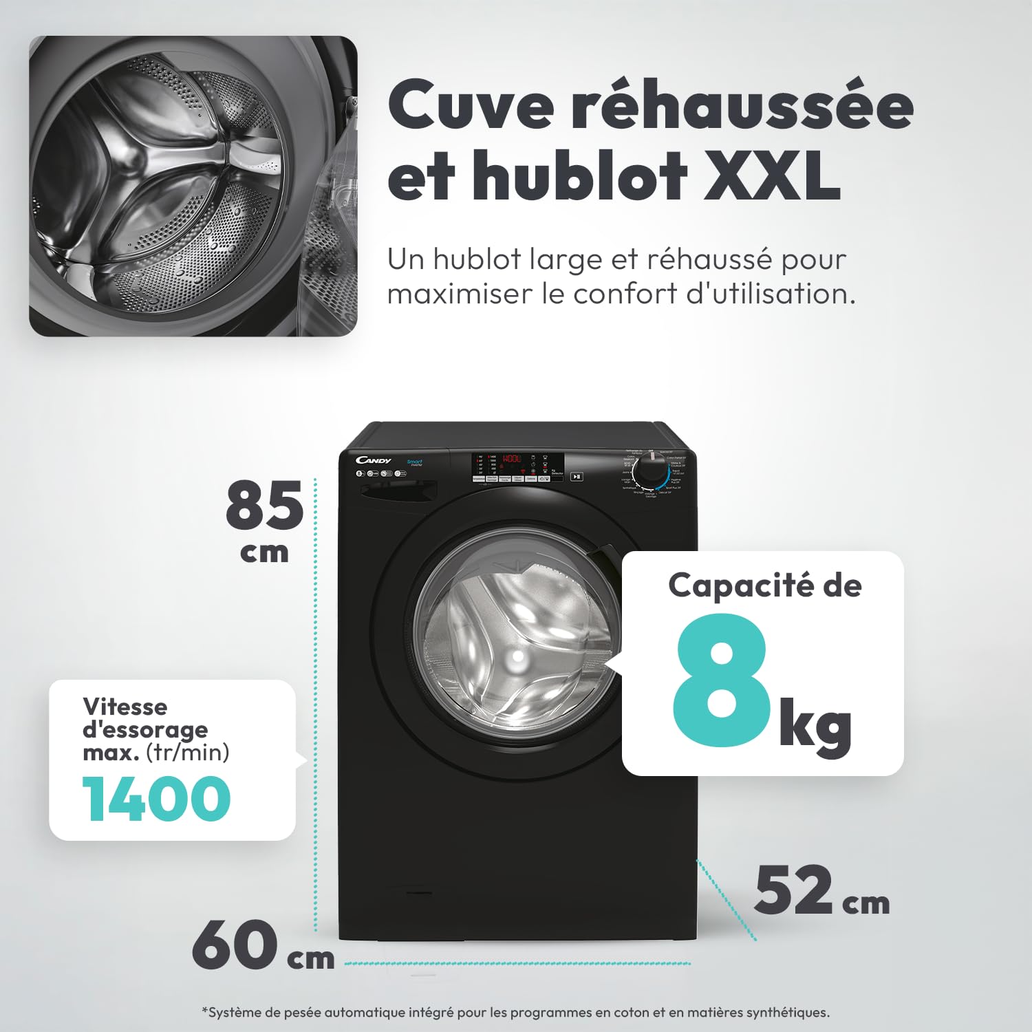 CANDY Machine à Laver Hublot 8kg 1400 trs/min Classe B 15 Programmes Noir CS 148TMBBE/FR