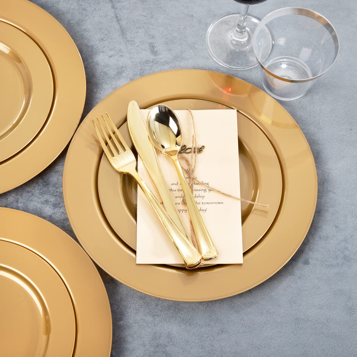 DaYammi 30Guest Gold Plastic Plates Gold Disposable Plates Gold Plastic Silverware Include 30 Gold Dinner Plates 30 Gold Dessert Plates 30 Fork 30 Knives 30 Spoon 30 Cup for Wedding Party