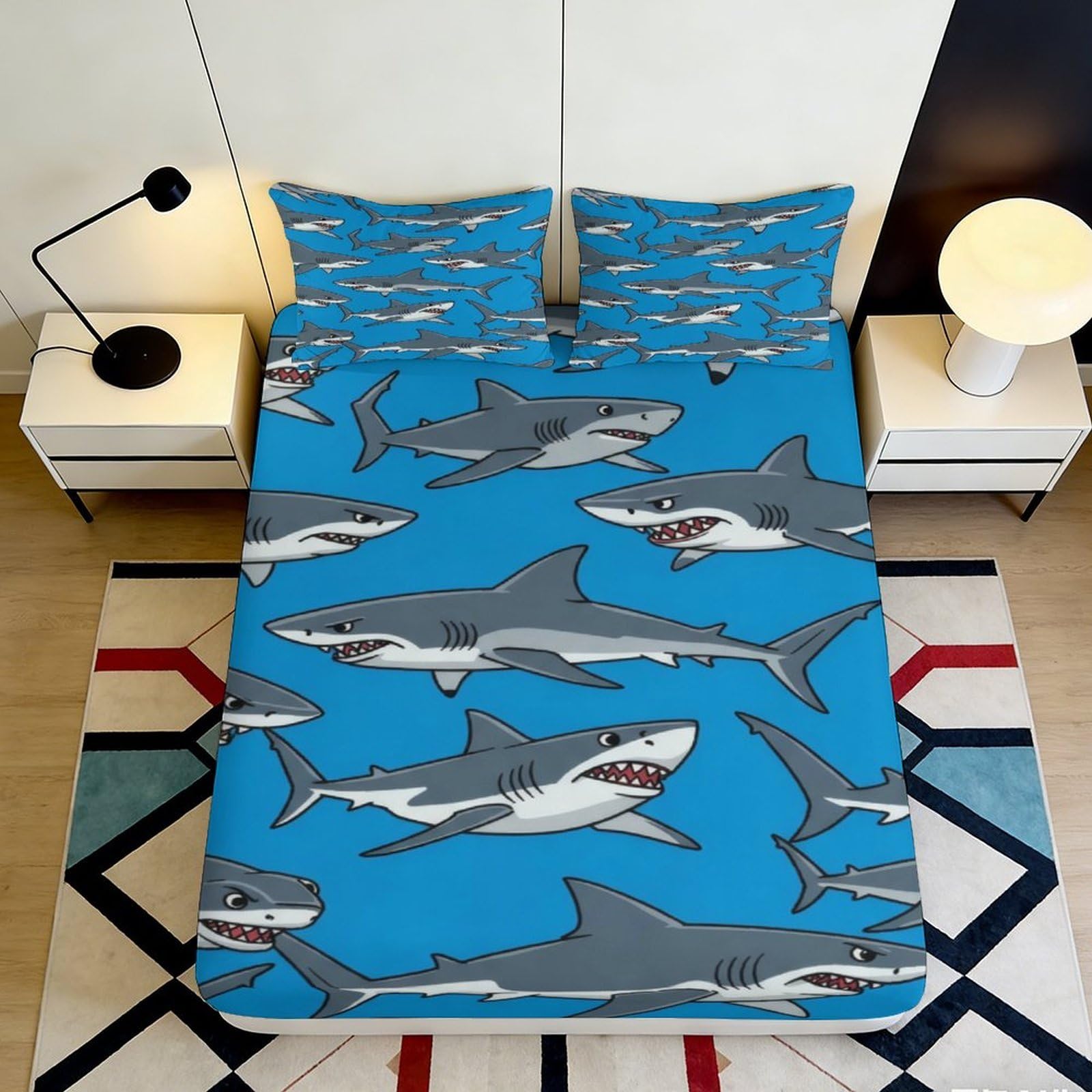 3D Printed Shark Pattern Fitted Sheet Microfiber Soft Breathable Blue Shark Design Mattress Cover for Bedroom Dormitory Guest Room Protection 120x200x25cm