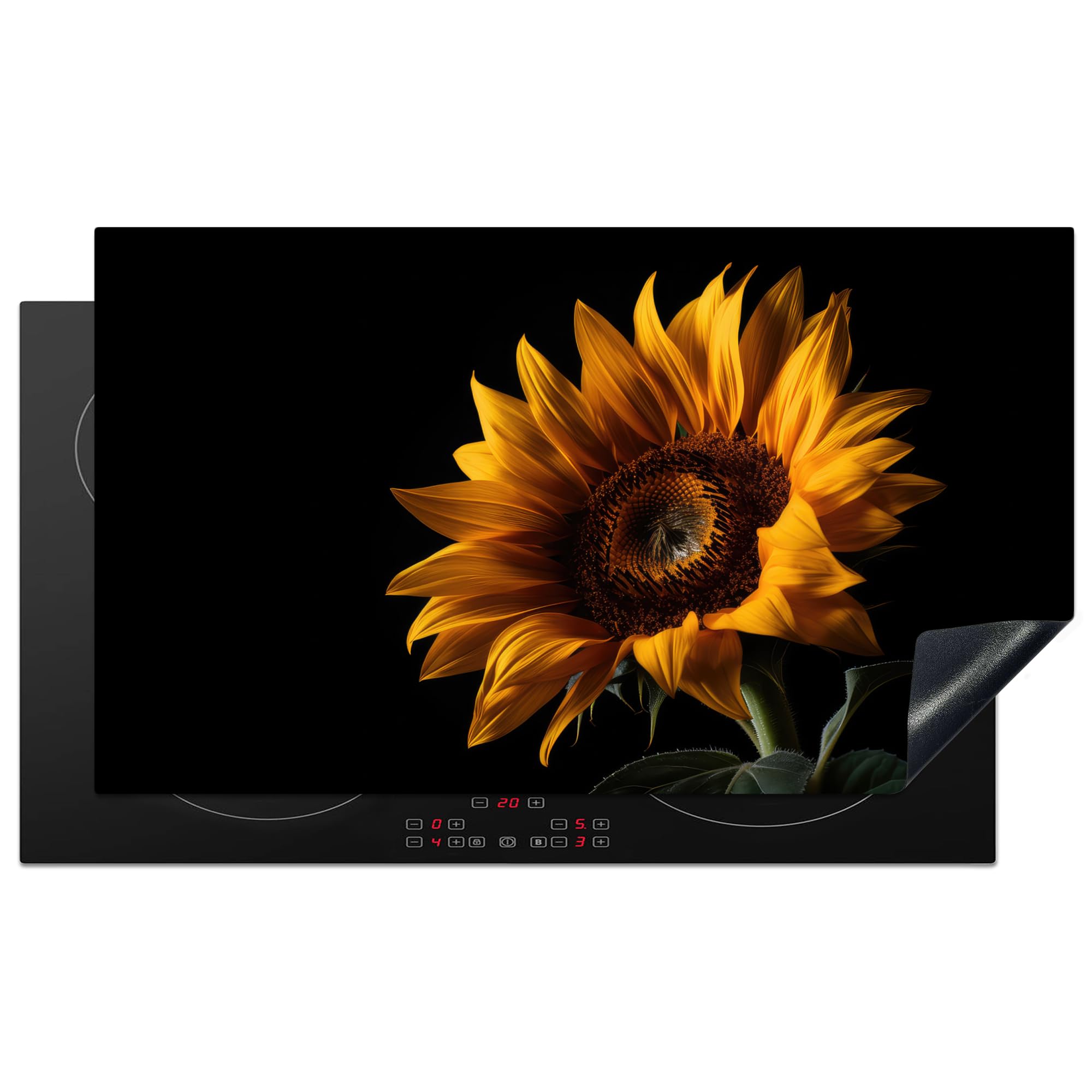 KitchenYeah© Induction Hob Protector Mat 20.8"x36" / 91.6x52.7 cm Cooker Top Protectors Cover Ceramic Covers Electric Hobs Vinyl Flowers - Botanical - Black - Sunflower