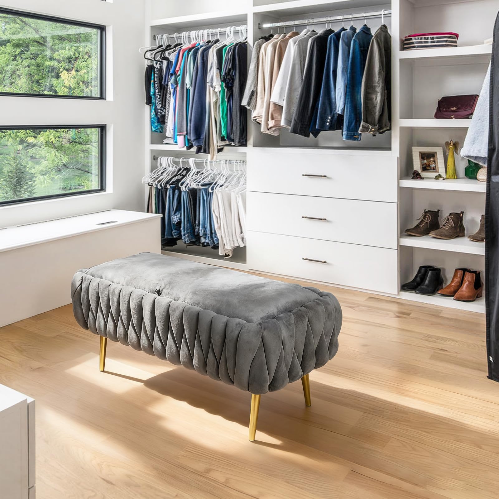 Sitzbank mit Stauraum, Samt, Bettbank Gepolstert, Sitztruhe mit Stauraum, 105 cm Gold Metallbeine, bis 300 Kg Belastbar für Flur Eingangsbereich Wohnzimmer Schlafzimmer (Grey)