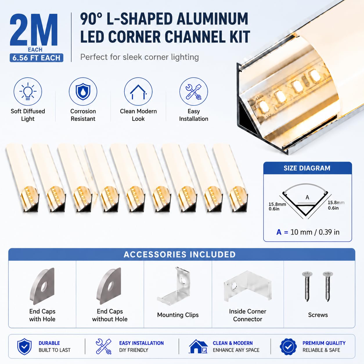 Silver LED Aluminium Profil, Eckprofil mit weißer Abdeckung für LED Streifen bis 10.1mm, 2m x 5 Stück, 15.8mm x 15.8mm, für Wohnraum, Treppenhaus & Flurbeleuchtung