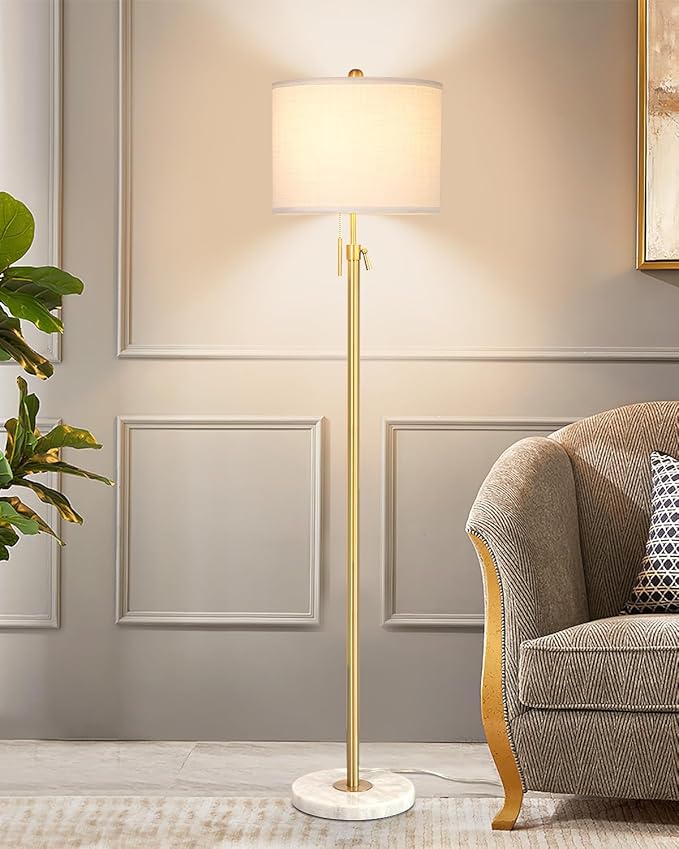 Gold Floor Lamps for Living Room, 55"-67" Height Adjustable Modern Standing Lamp with Marble Base, Pull Chain Switch, 3-Way Dimmable Tall Pole Lamp for Bedroom Office Reading, Bulb Included