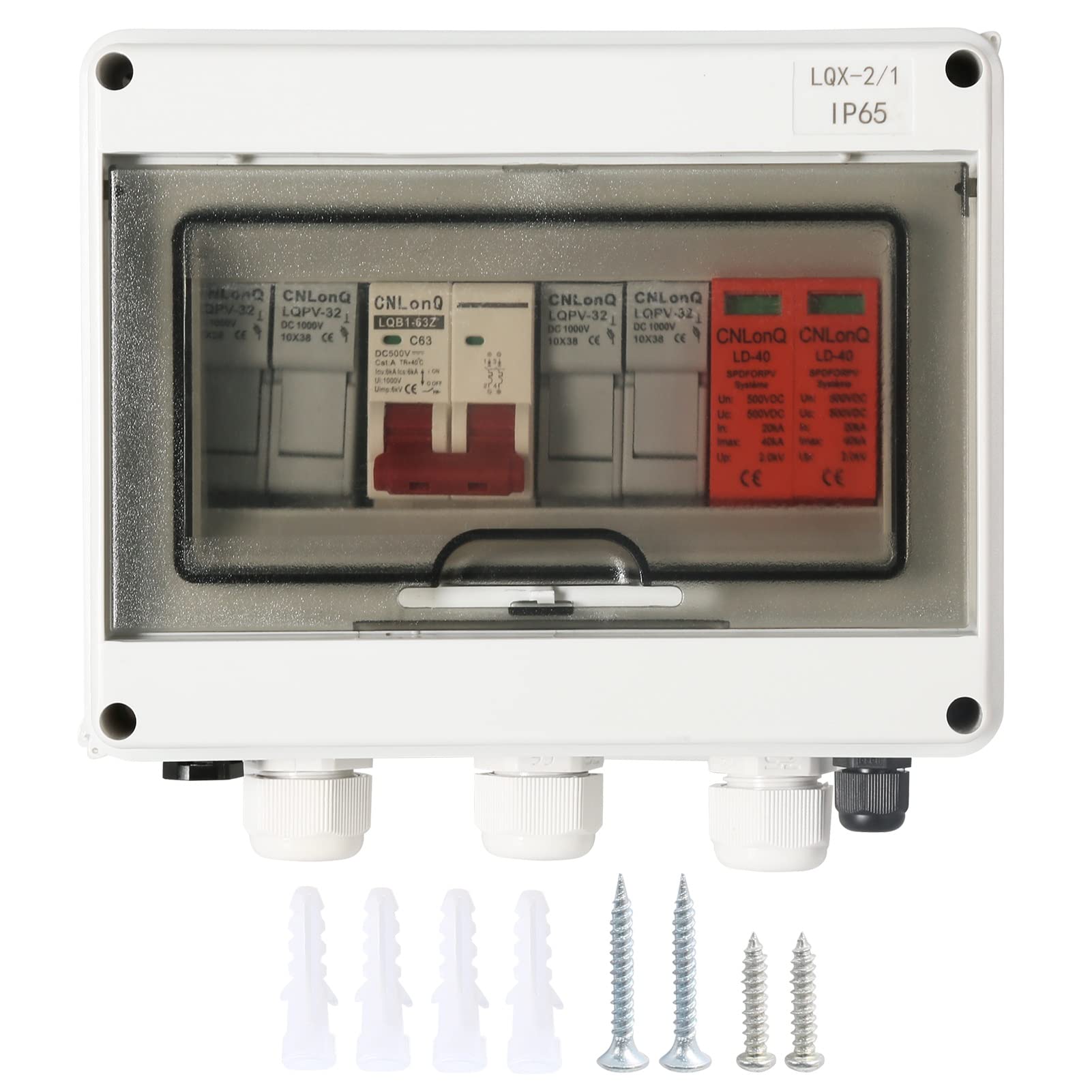 Jadeshay Caja Combinadora Fotovoltaica,Caja de Distribución Solar con DC500V 63A Disyuntor Magnetotérmico Automático 15A Fusibles Portafusibles y 40KA Protector contra Sobretensiones para Panel Solar