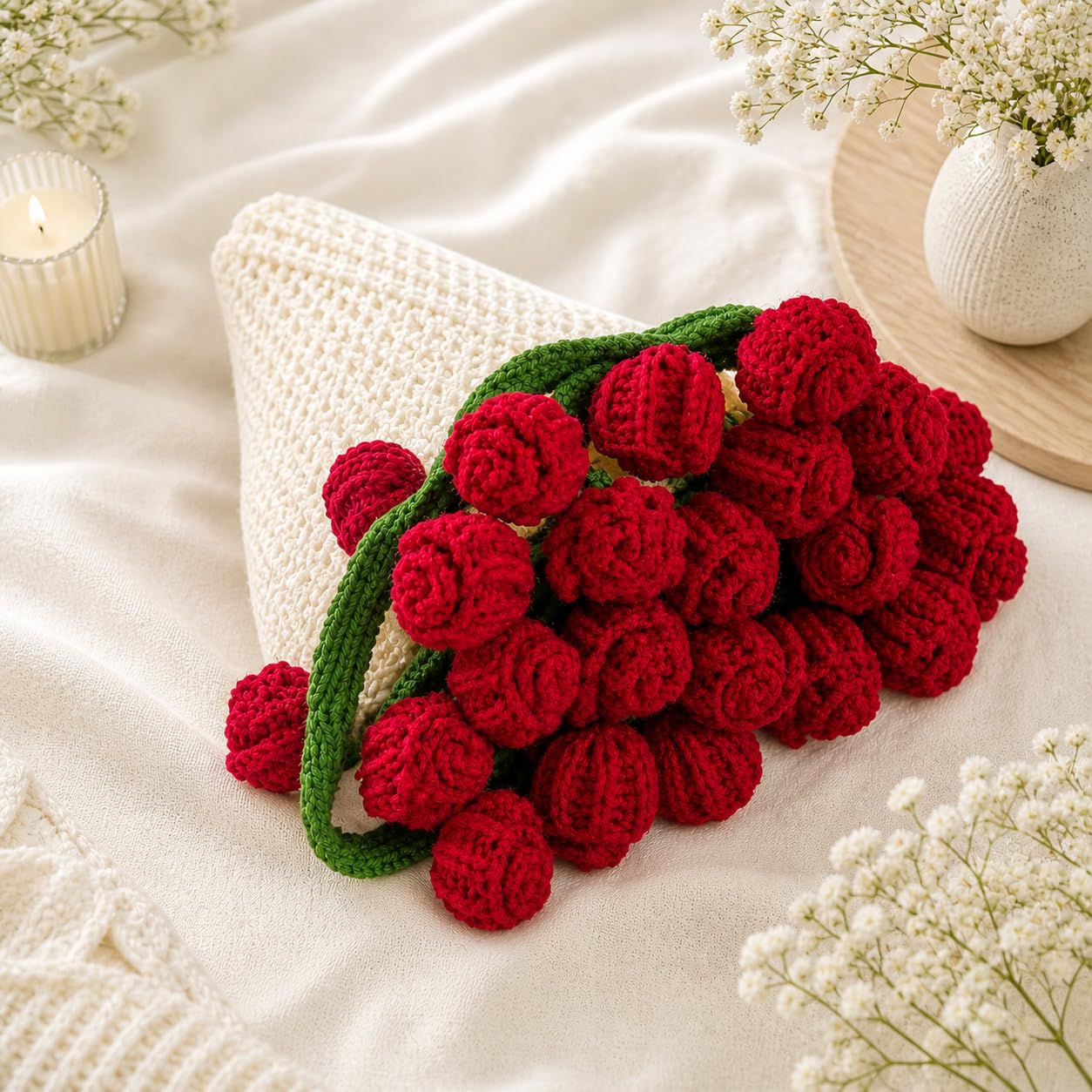 MOOZ 30 cm Handmade Crochet Rose Bouquet | Red Roses Flower Bouquet | Diameter Round Crochet Table Cover/Sofa Throw/Home Decor | Soft Premium Yarn | Romantic Gift for Valentine, Anniversary, Birthday-image-5