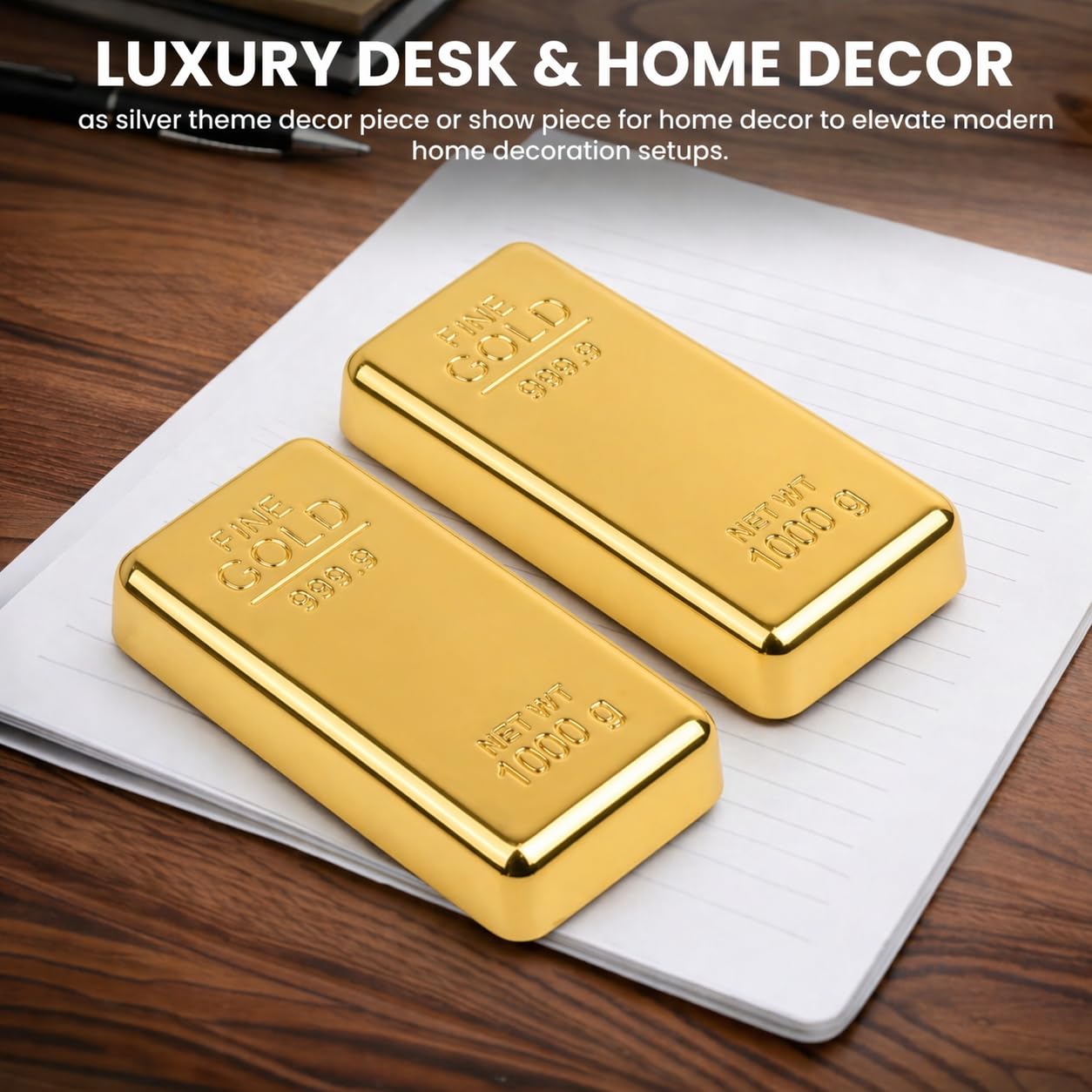 ZAHEPA Realistic Metal Gold Bar Paperweight for Office Table, Fake Gold Biscuit Paper Weight Table Decoration, Prop for Jewellery Shop & Heist Theme, Unique Gift for Home & Office (Pack of 2) 2