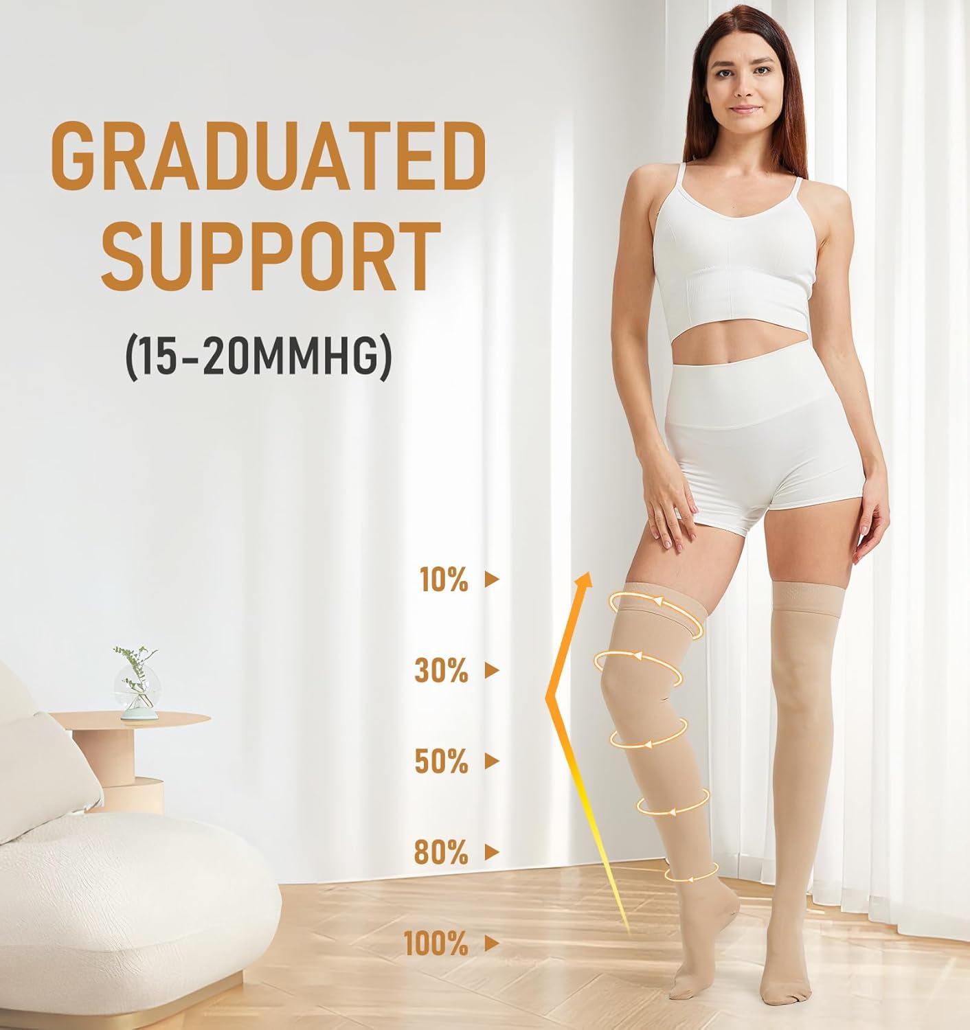 NURCOM 15-20 mmHg Medical Compression Stockings with Dot Silicone Band, Closed Toe Thigh High Compression Socks for Women & Men, Graduated Support Stockings for Varicose Veins, Edema, Beige, Medium - Image 3