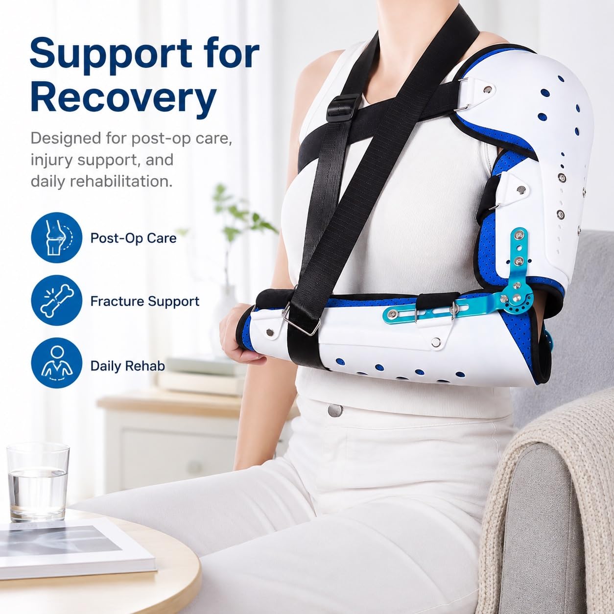 Codo Articulado ROM Ajustable Inmovilizador de Brazo Postoperatorio con Soporte de Hombro para Fracturas Cirugía Túnel Cubital Lesiones de Ligamentos y Tendones(Bien)