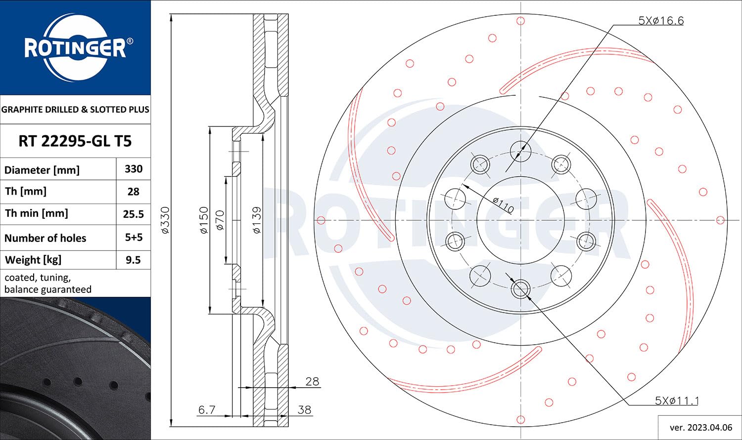 ROTINGER Rotori disco freno (asse anteriore, Set di 2 pezzi) Con rivestimento anticorrosione, RT 22295-GL T5