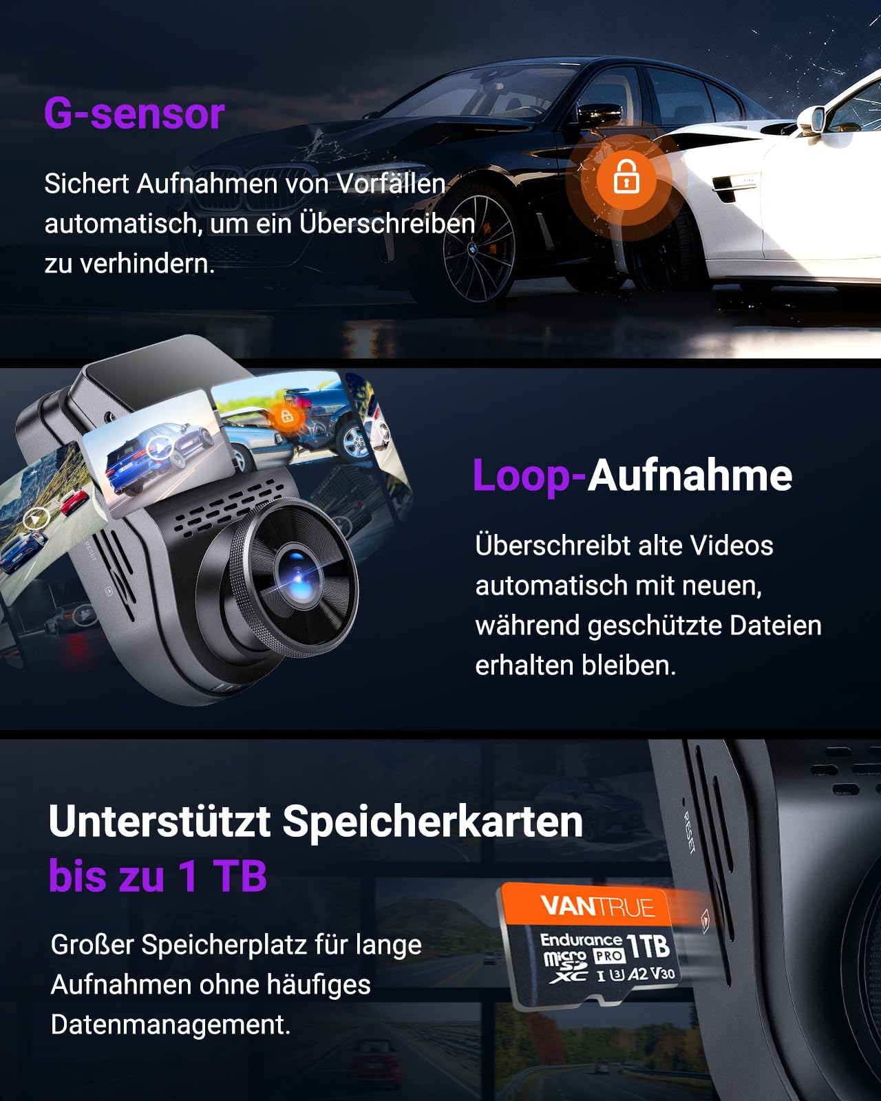 VANTRUE S1 Pro 2.7K 60FPS Dashcam Vorne STARVIS 2 Nachtsicht Versteckte | 5GHz WiFi Dash Cam Auto ADAS, Sprachsteuerung , GPS, 15 Sekunde Voraufnahme,24/7 Puffer Parkmodus, DSGVO-konform, Max 1TB