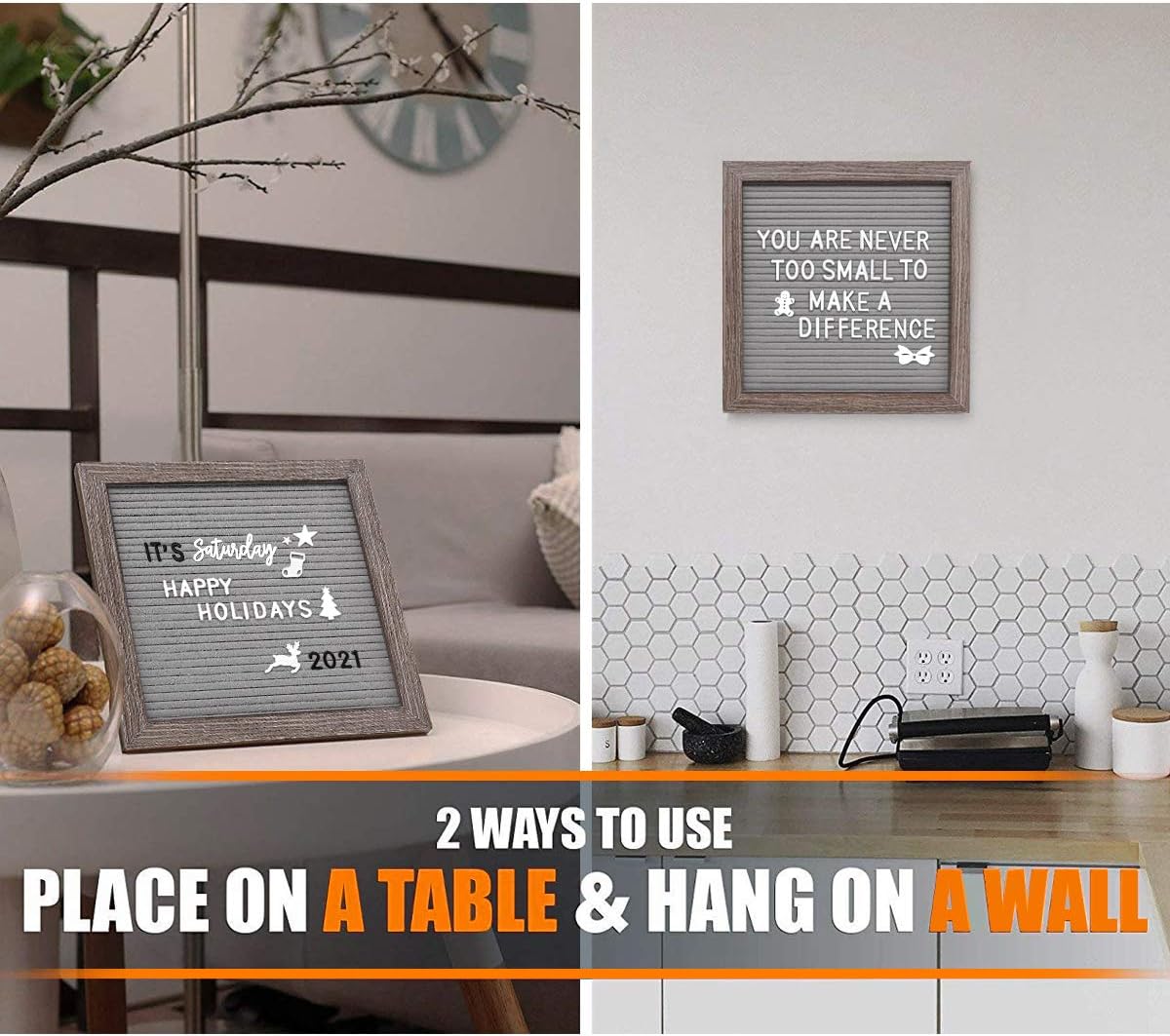 Felt Letter Board 10x10 Inches, Gray Changeable Message Board with Stand & Wall Hook, 803 Black & White Letters, Emojis, Months & Weeks, Arabic Numerals, Canvas Bag and Scissors - Rustic Wood Frame 2023 : Office Products