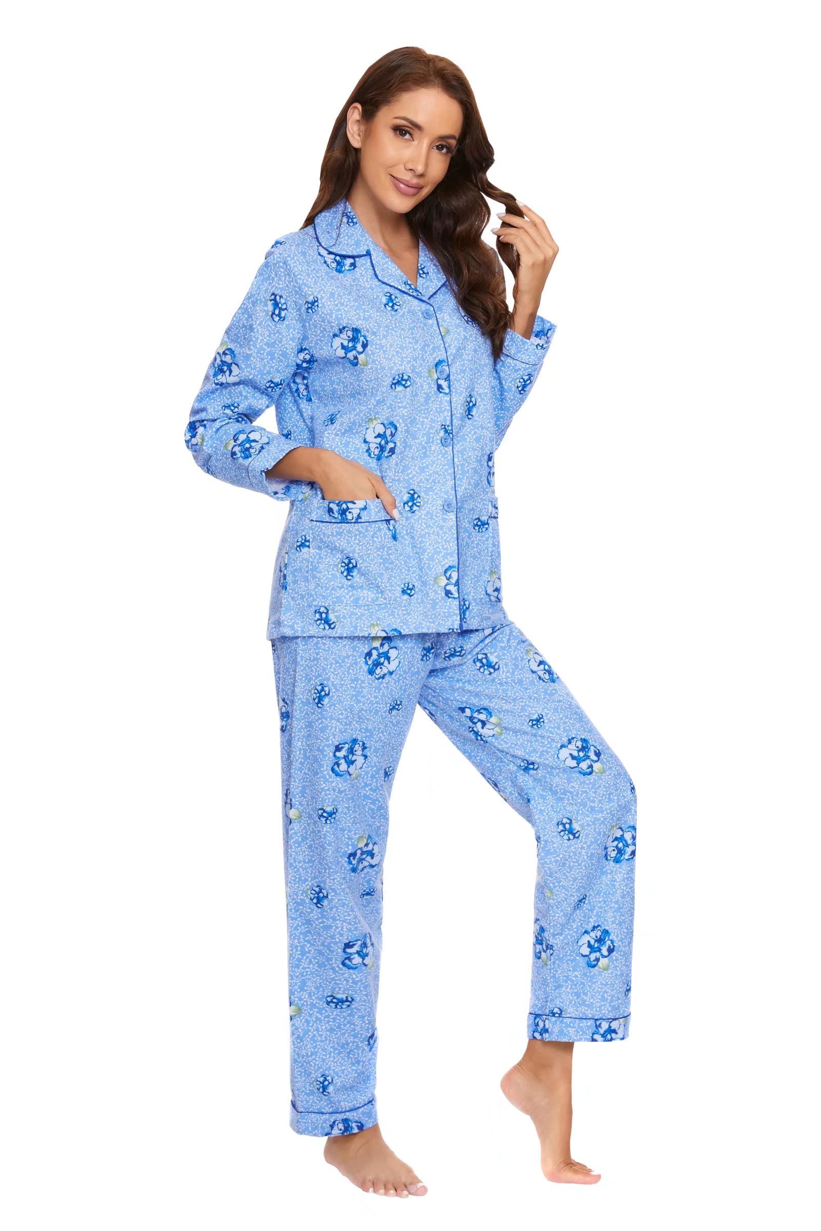 GLOBAL Women's Flannel Pajamas Set 100% Cotton PJs for Women Long Sleeve Button Drawstring Waist Warm Loungewear Sleepwear