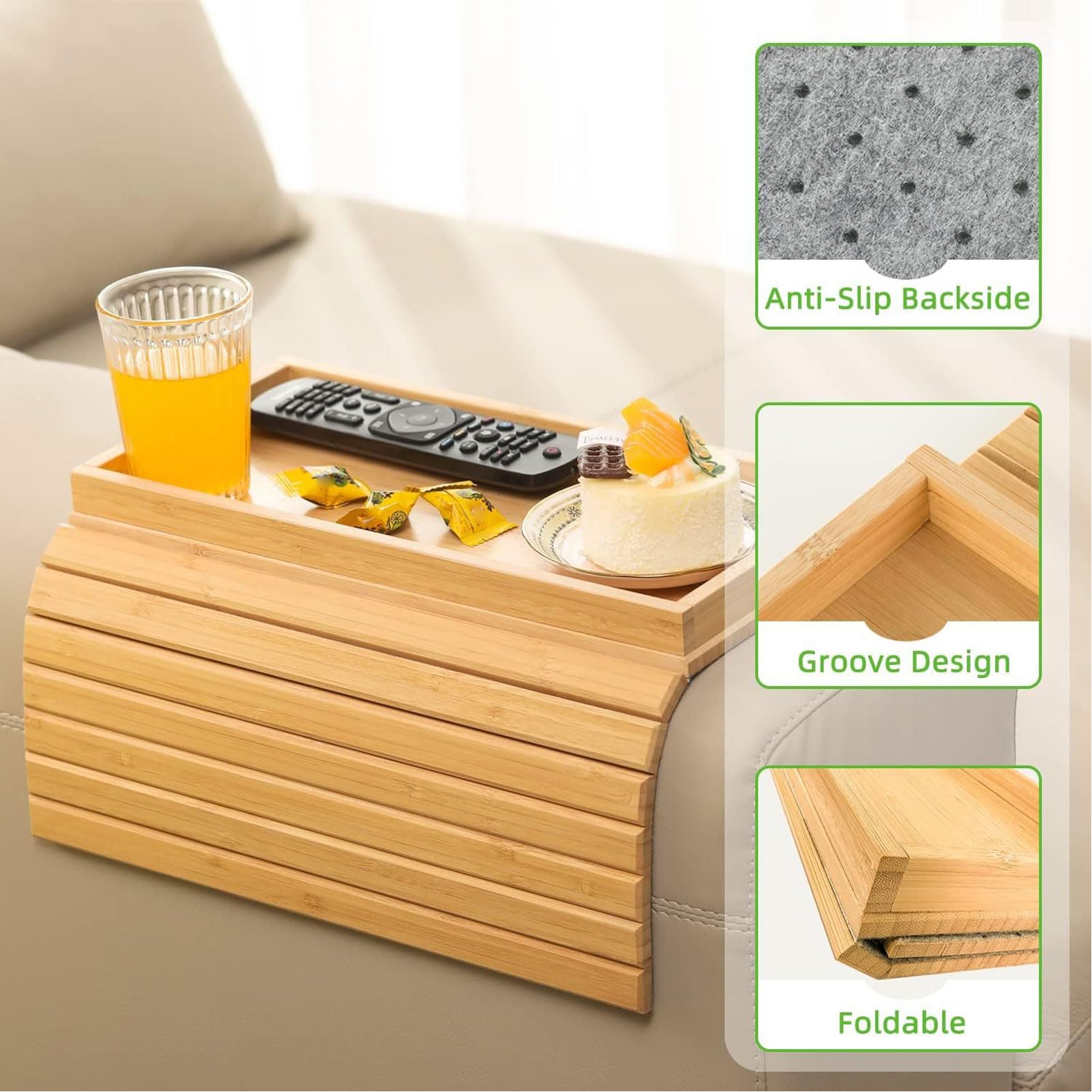 Bandeja para reposabrazos de sofá, bandeja plegable para TV con portavasos extraíble, mesa auxiliar antideslizante para teléfono Drin y aire acondicionado (color madera)