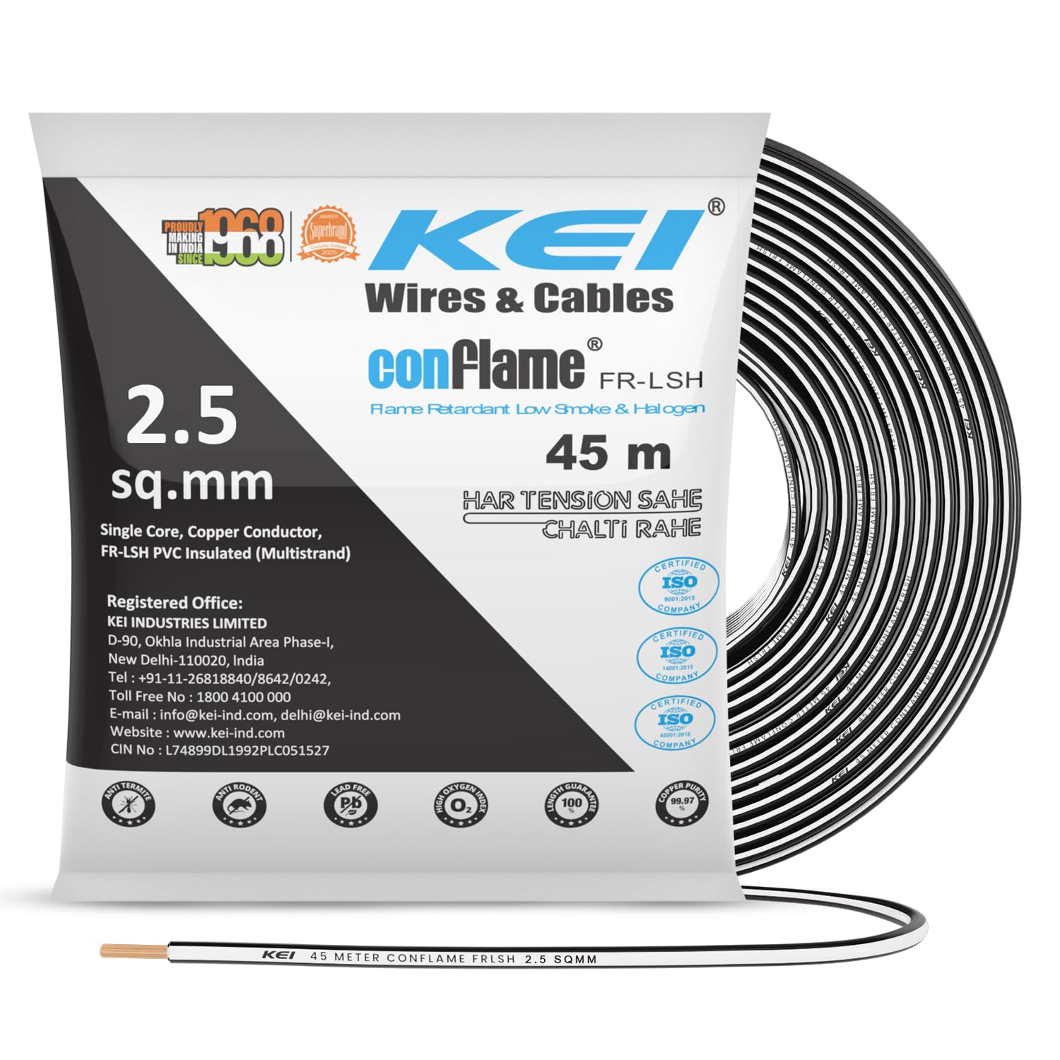 KEI CONFLAME FRLSH 2.5 sqmm 1 Core Copper Heat Resistant Flame Retardant Low Smoke & Halogen - Lead Free House Wire for Domestic & Industrial Electrical Wiring (Black, 45 Meters)-image-44