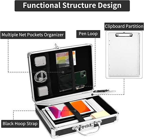 Miniatura 10 de Portapapeles con cerradura de combinación portapapeles con maletín de almacenamiento, caja resistente de metal de aluminio con asa, portapapeles de