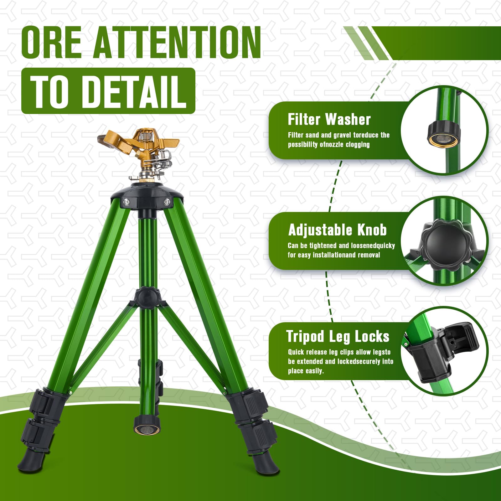 Triumpeek Irrigatore A Impatto Con Treppiede E Paletti – Altezza Regolabile 50-94cm, Copertura 360° Fino A 27m, Ugello In Ottone