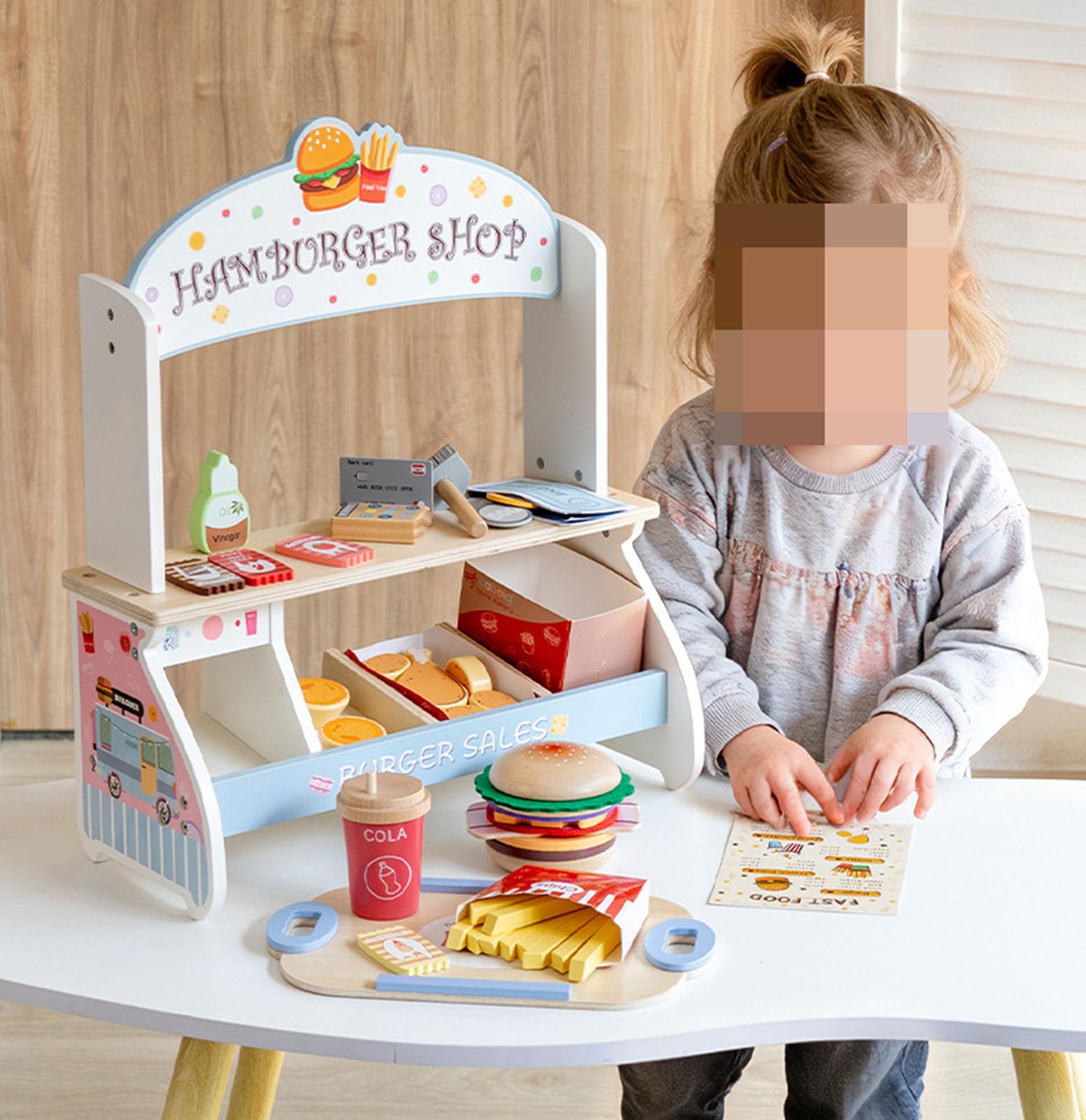 Set di Gioco con Negozio di Hamburger in Legno, Stand di Fast Food per Bambini con Accessori, Giocattolo da Ristorante per Gioco di Finzione