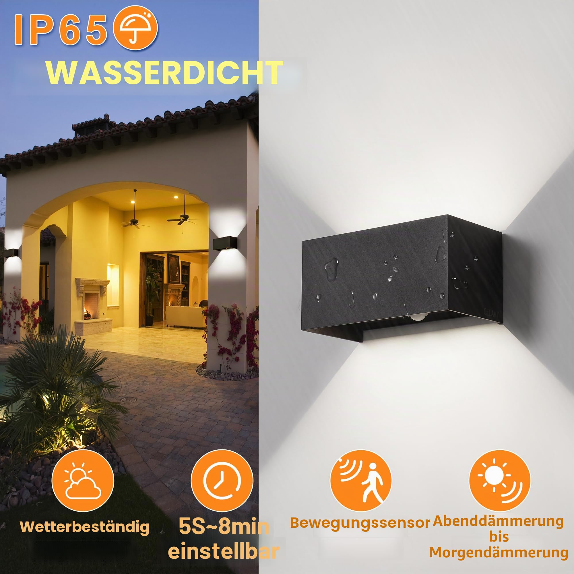 LED Außenlampe Außenleuchte mit Bewegungsmelder, Up Down Wandleuchte Wandlampe aussen Kaltweiss 6000K, IP65 Aussenlampe Aussenleuchte Wand, Außenbeleuchtung Ausenbeleutung Hauswand, Schwarz