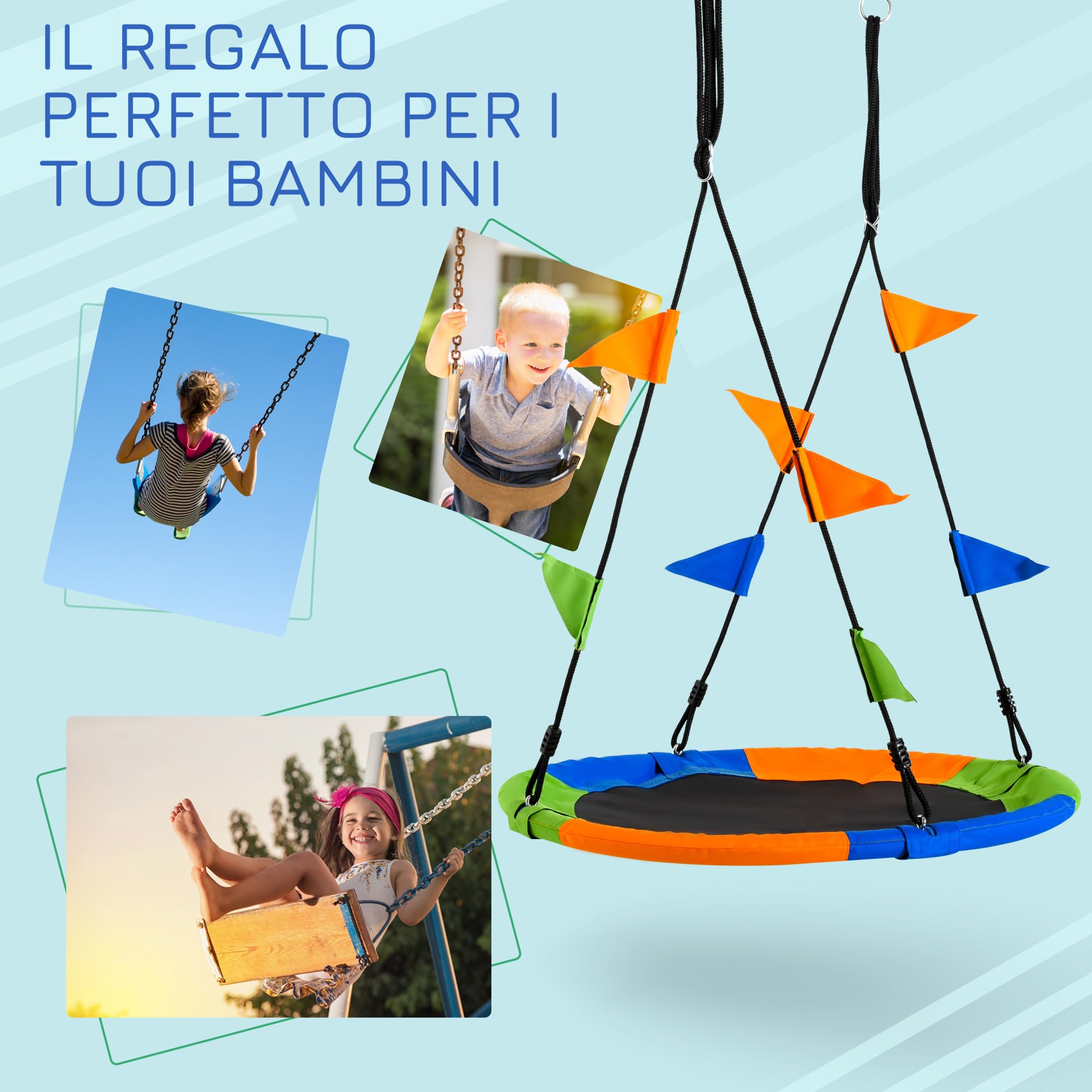 Outsunny Altalena Rotonda a Nido per Bambini 3+ Anni Φ100 cm Multicolore | Altalena da Giardino per Bambini, Regolabile 120-180 cm, per Esterni e Interni, Carico Massimo 80 kg