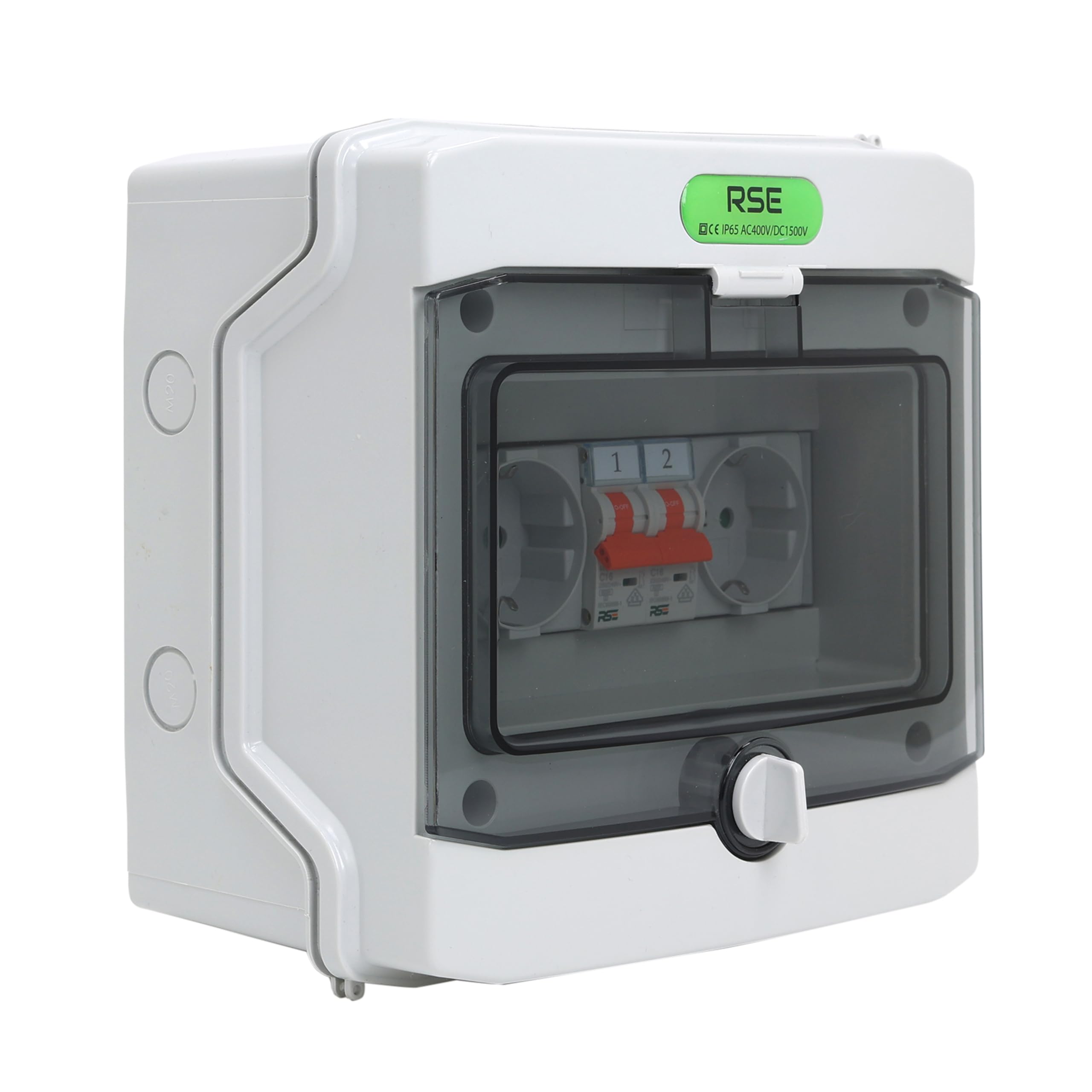 RSE DualPowerBox IP65 – 2 x TH35 gniazda Schuko, każde z oddzielnym wyłącznikiem C16, odporne na warunki atmosferyczne (IP65 przy zamkniętym oknie), 230 V do użytku na zewnątrz i na placu budowy