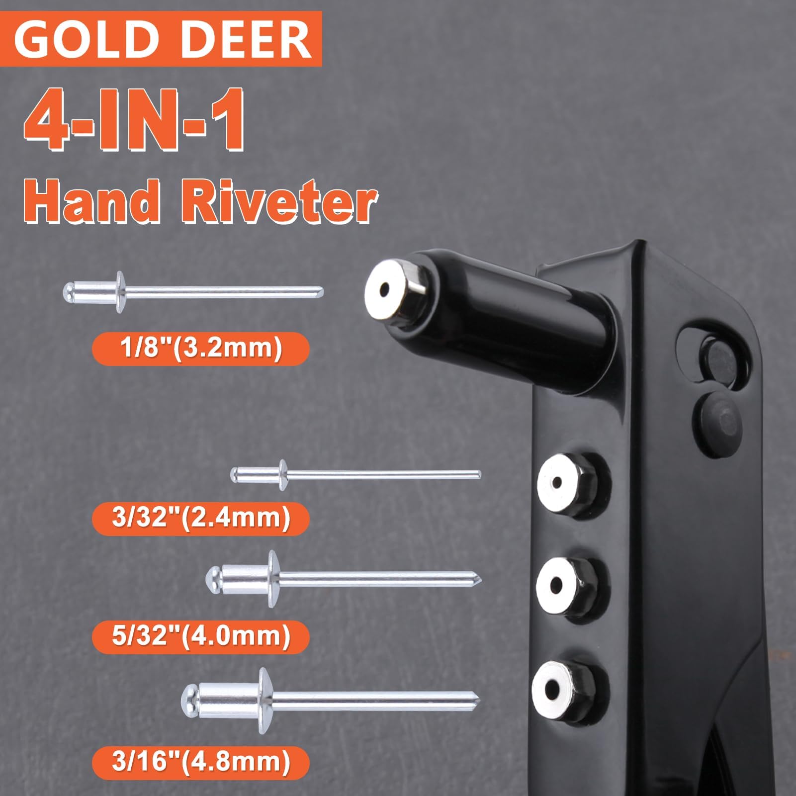 GOLD DEER 4-in-1 Heavy Duty Hand Riveter Rivet Gun Pop Rivet Tool Kit with 100 Rivets 3/32-inch, 1/8-inch, 5/32-inch, 3/16-inch,4 Interchangeable Nosepieces for Metal,Plastic,Wood and Leather