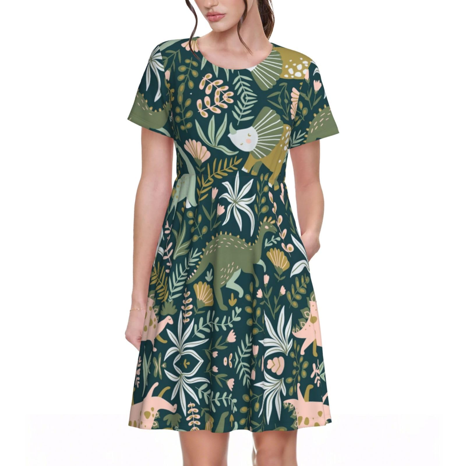 Cute Dinosaur Womens Summer Dress Casual Swing Short Sleeve Sundresses Beach A-Line Shift Dress with Pockets Black