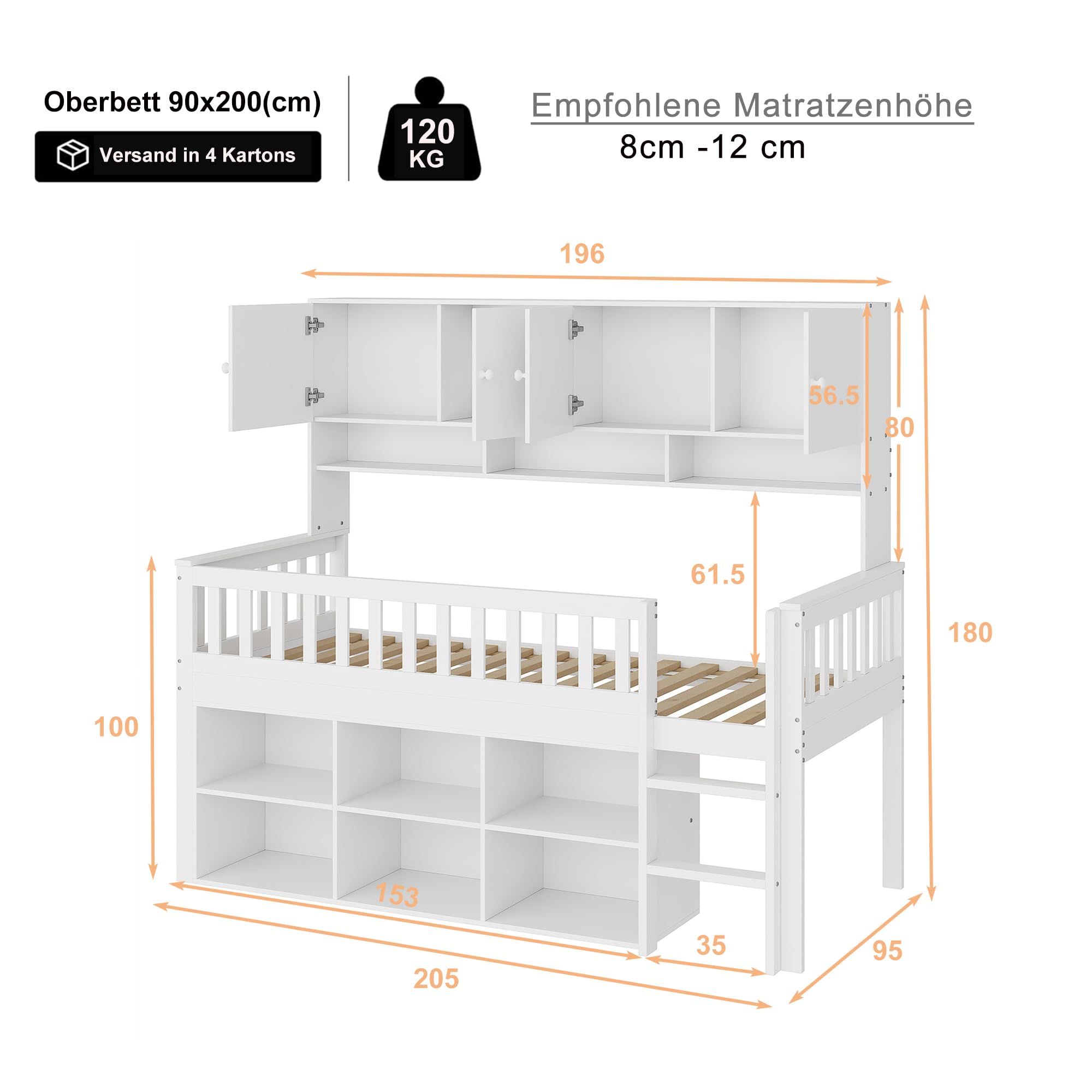 OKWISH KINDERBETT 90/200 Cm Weiß Mit Hydraulischem Hebemechanismus Und LED-Lichtband Jetzt Nur Online