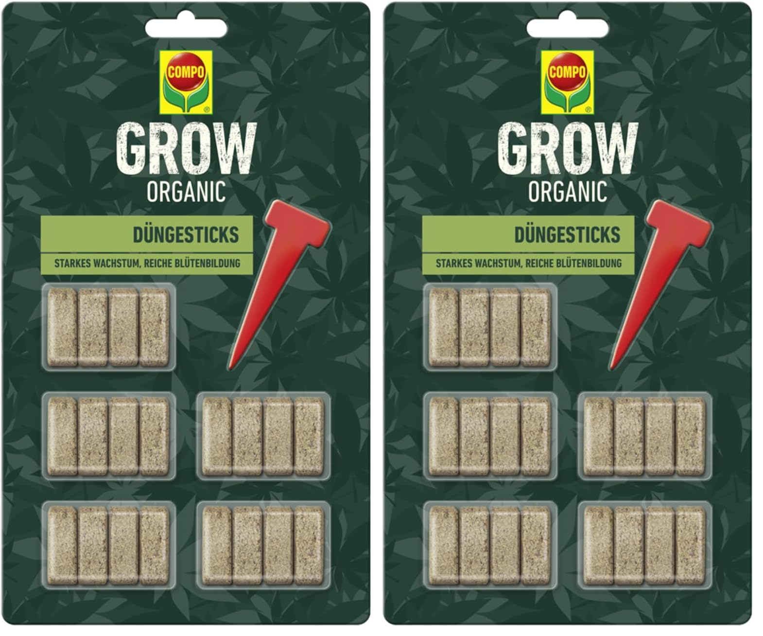 COMPO GROW ORGANIC Düngesticks für Spezialkulturen - 100 Prozent natürliche Inhaltsstoffe - Langzeitwirkung Indoor & Outdoor - 20 Stk, braun (Packung mit 2)