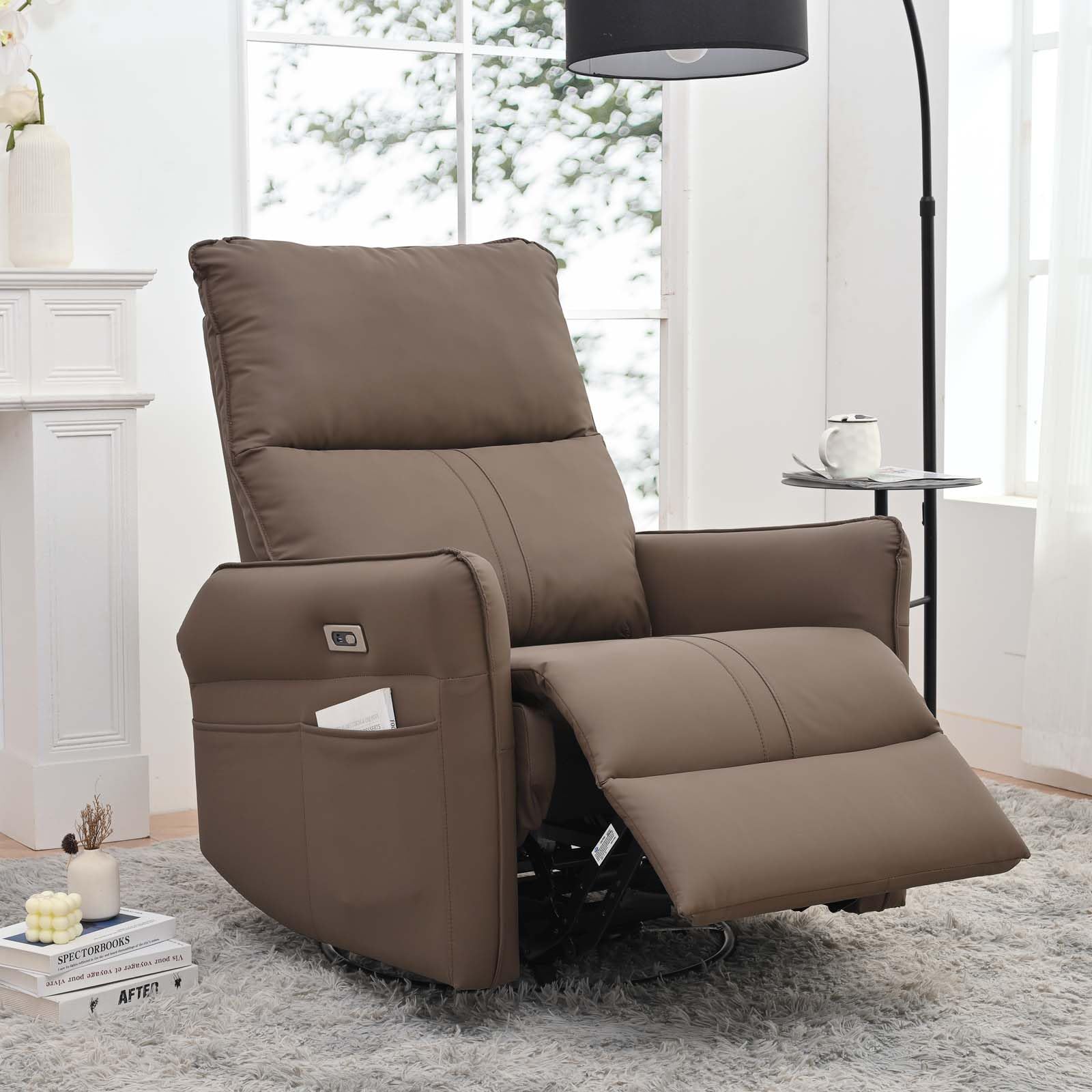 Recliner Chair, 270°PU Leather Swivel Rocking Recliner Chair for Adults, Power Rocker Recliners for Small Spaces, PU Leather Glider Seating with USB