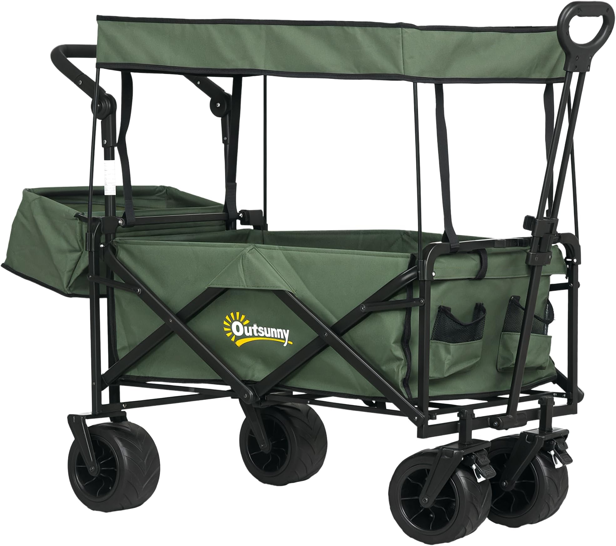 Outsunny 120L Festival Trolley on Wheels, Folding Camping Trolley Cart with Removable Canopy, All-Terrain Wheels, Adjustable Handle, Push or Pull for Garden Beach Fishing Shopping, Green