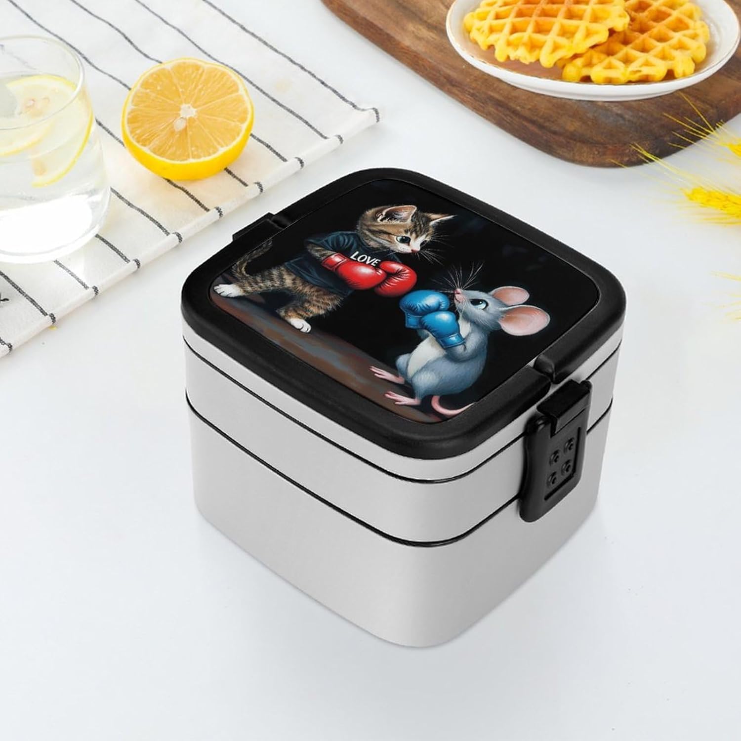 Funny Cat And Fat Bento Box with Spoon 2 Layer Food Container Cute Lunch Box for Travel Dining Work