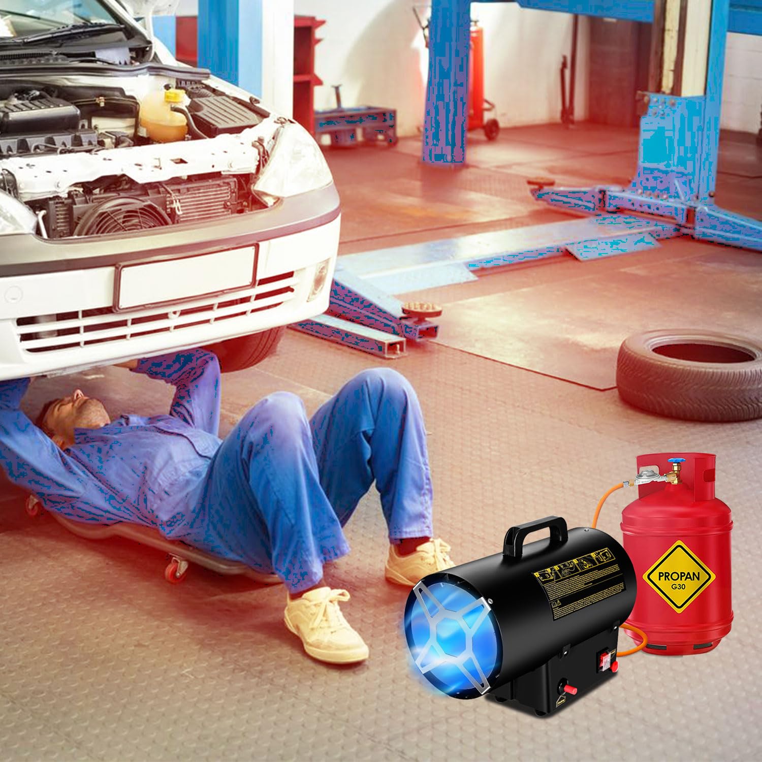 Eulenke Calefactor de gas de 10 kW, caudal de aire de 320 m³/h, incluye manguera de gas y reductor de presión, cañón de calor, generador de aire caliente, calentador de construcción con protección
