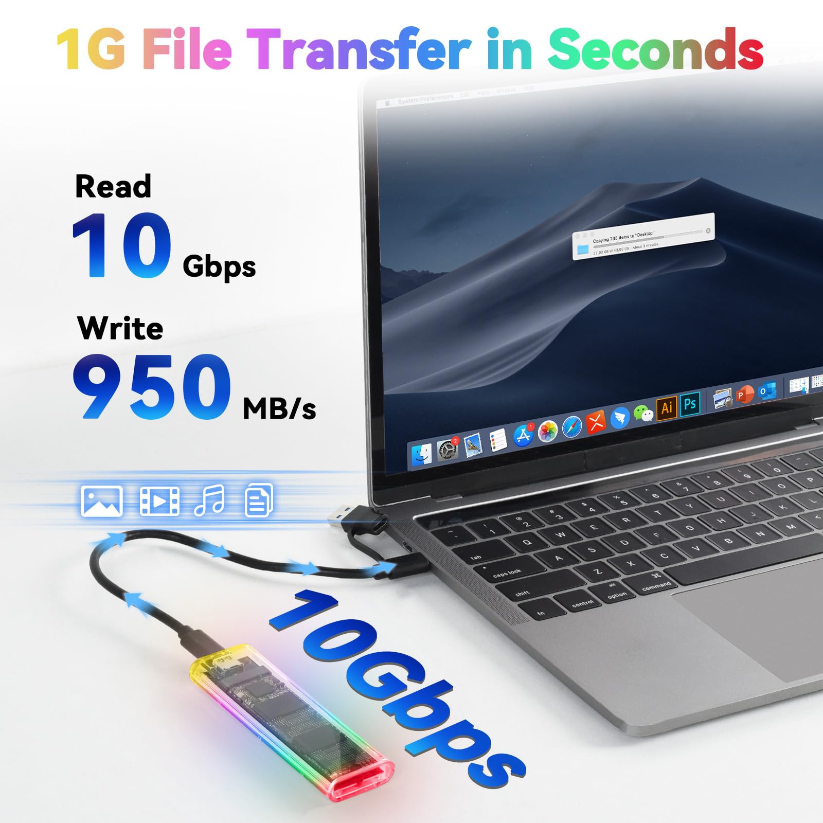 ELUTENG Case SSD M.2 NVMe USB 3.1 10Gbps Adattatore SSD M2 NVMe Senza Attrezzi Esterno Adattatore NVMe per PCIe M-Key SSD 2230/2242/2260/2280 Supporto UASP & Trim con Cavi USB C a C/A (Transaprent)