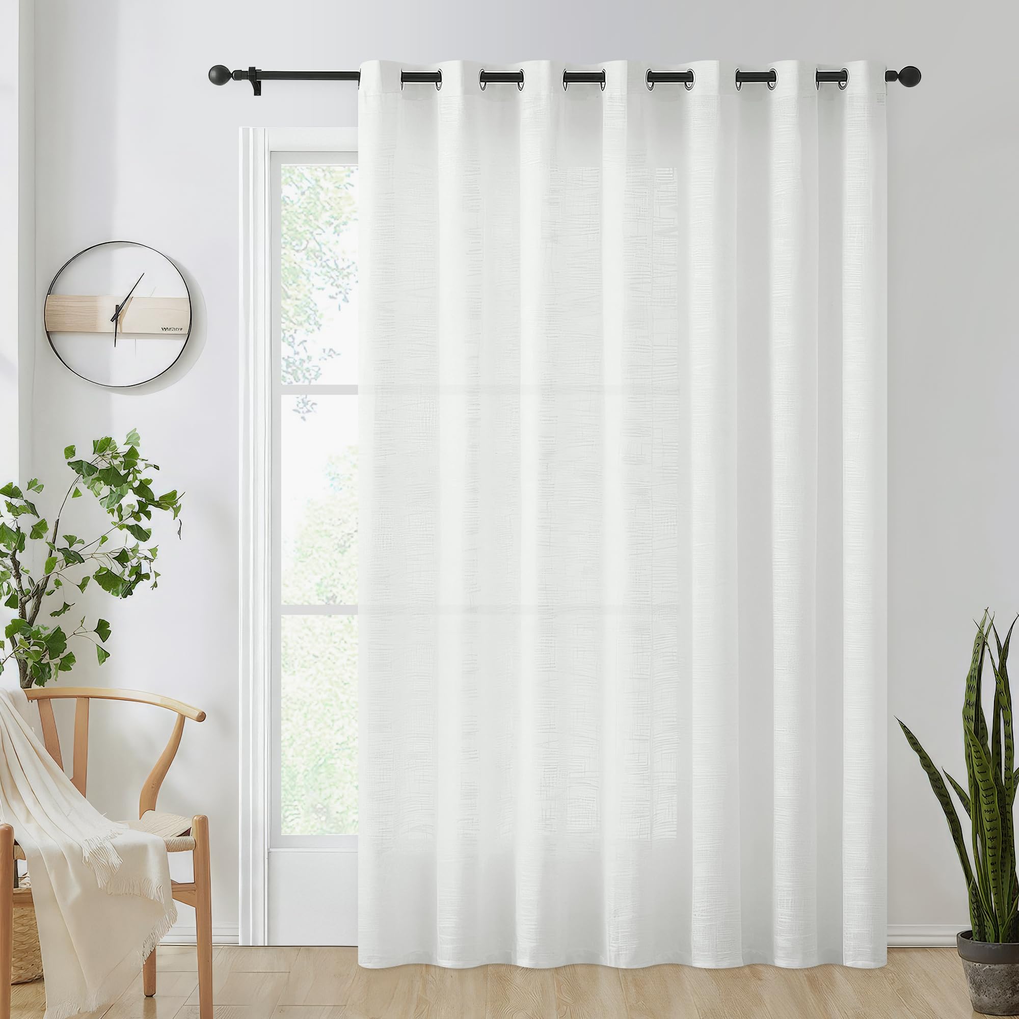 FMFUNCTEX Sliding Door Curtains White Linen Sheer Curtains 84" Living Room 100" Width Extra Wide Patio Glass Door Panel Room Divider Bedroom Drapes