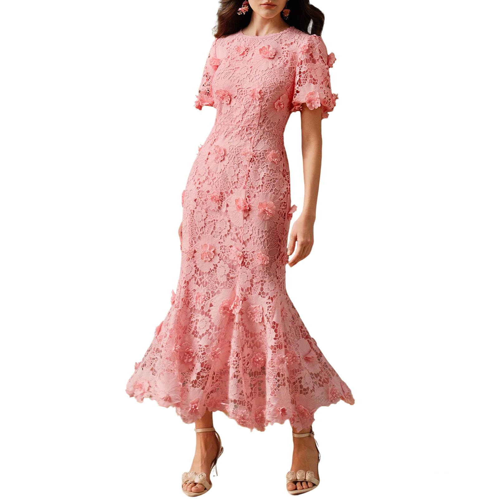 Photo 1 of JIN SU Women's 3D Floral Lace Midi Dress - Short Sleeve Fishtail Ruffle Cocktail Formal Wedding Guest Dresses (US, Alpha, X-Large, Regular, Regular, Pink)