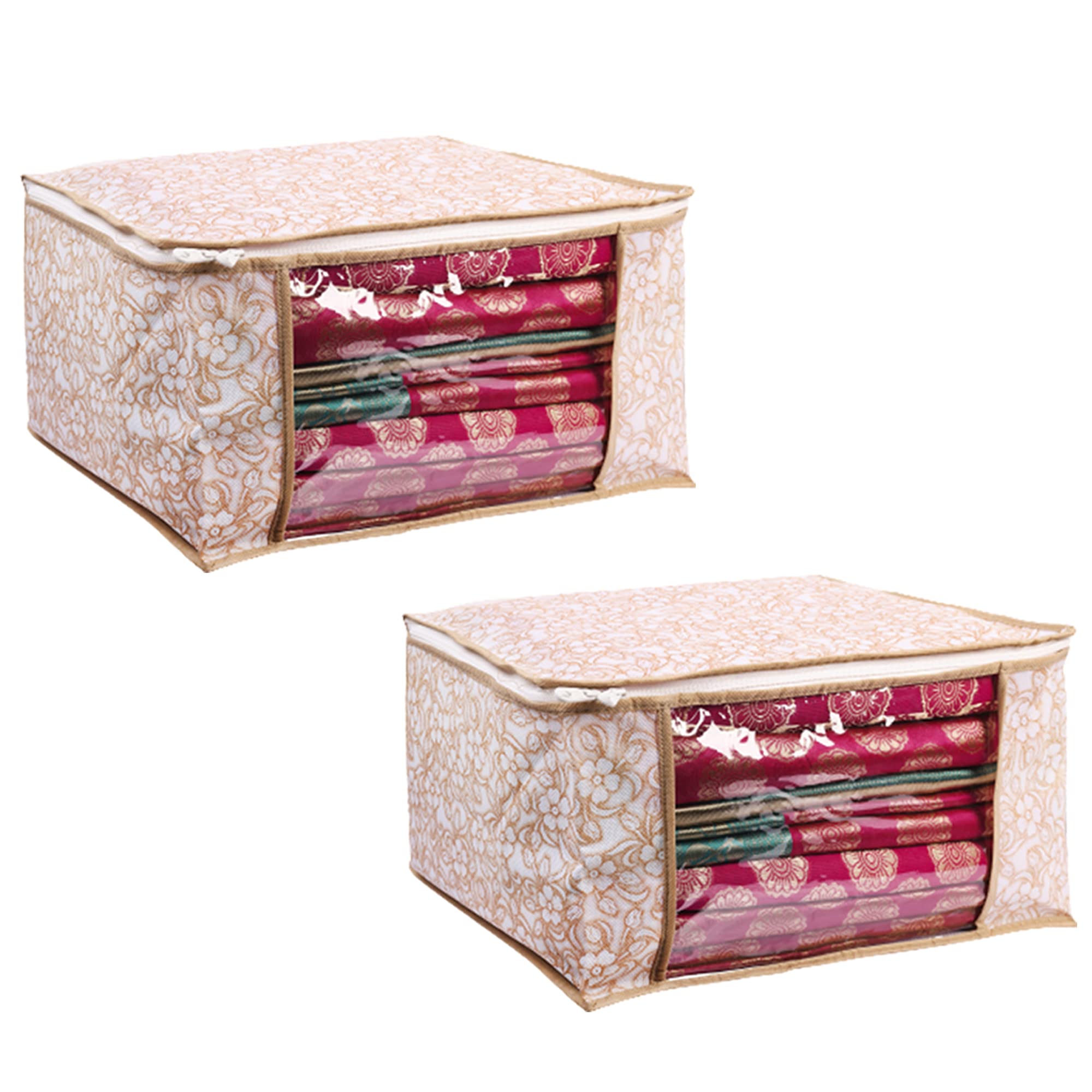 BMG Import ExportSaree Cover Set of 2 Non Woven Fabric Clothes Organiser for Wardrobe Set with Transparent Window and Zip Clothes Storage Bag for Lehenga, Suit, Dress Saree Packing Covers for Towels Clothes