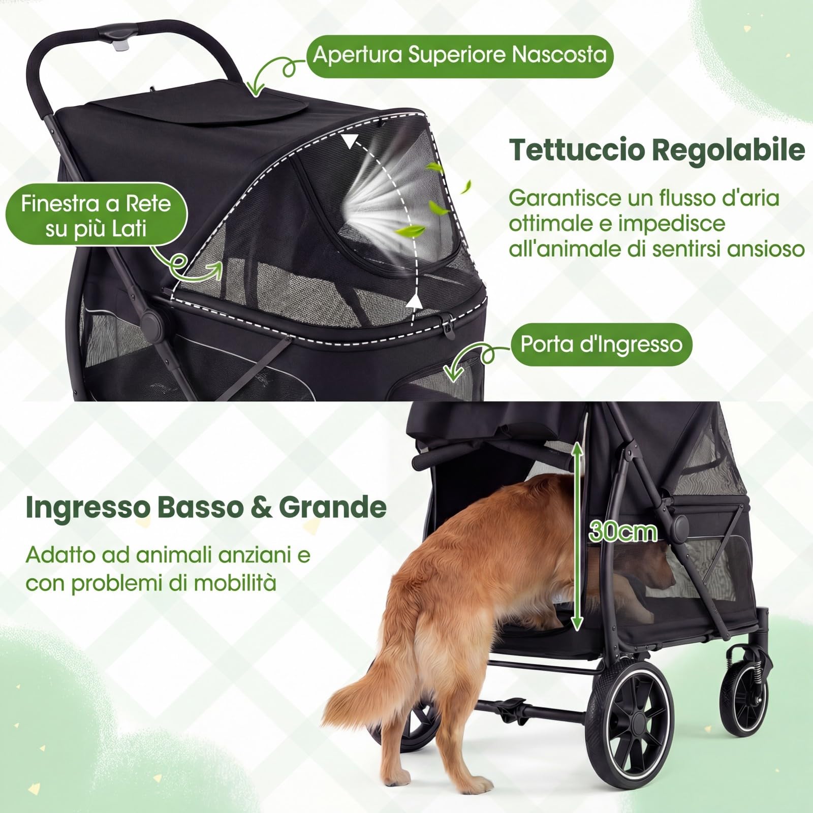 COSTWAY Passeggino Pieghevole per Cani, Carrozzina per Cani Fino a 40 kg con Entrata Bassa, Finestra Regolabile in Rete, Tasche Portaoggetti e Cintura di Sicurezza per Animali Tutte le Taglie (Nero)