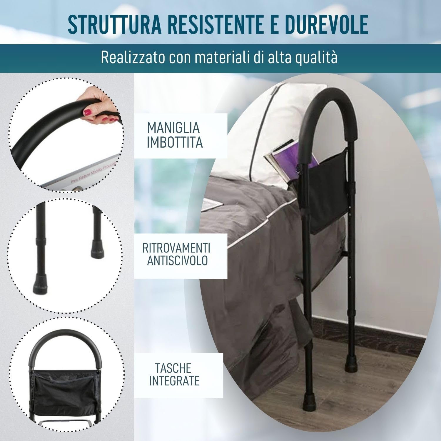 OrtoPrime Maniglia da Comodino Confort – Barriera di Sicurezza per Adulti – Sponda Laterale con Porta Riviste – Impugnatura Imbottita – Aiuto per Alzarsi dal Letto Anticaduta Nera