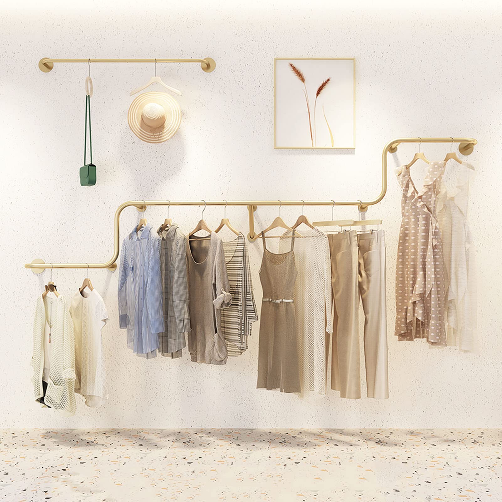HPTHLY Modern Clothes Rack Retail Display Clothes Rack, Creative Boutique Wall Mounted Clothes Rail Industrial Iron Pipe Clothing Garment Rack Multipurpose Closet Rod Cloth(Gold-450Cm)