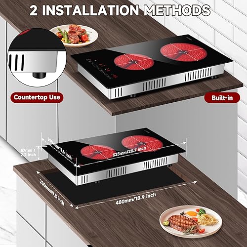 Miniatura 4 de TYEMUI Estufa eléctrica de 2 quemadores de 110 V, enchufe portátil de 2000 W, estufa infrarroja de doble quemador de 12 pulgadas, estufa de vidrio
