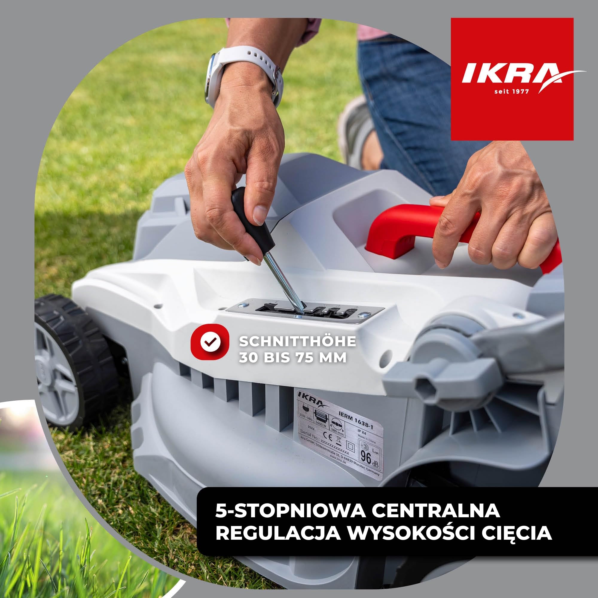 IKRA Kosiarka elektryczna IERM 1638-1, 1600W, szerokość koszenia 38cm | 2-stopniowa regulacja uchwytu, wysokość koszenia 30–75 mm, kosz 42 l, hartowany nóż, z funkcją składania