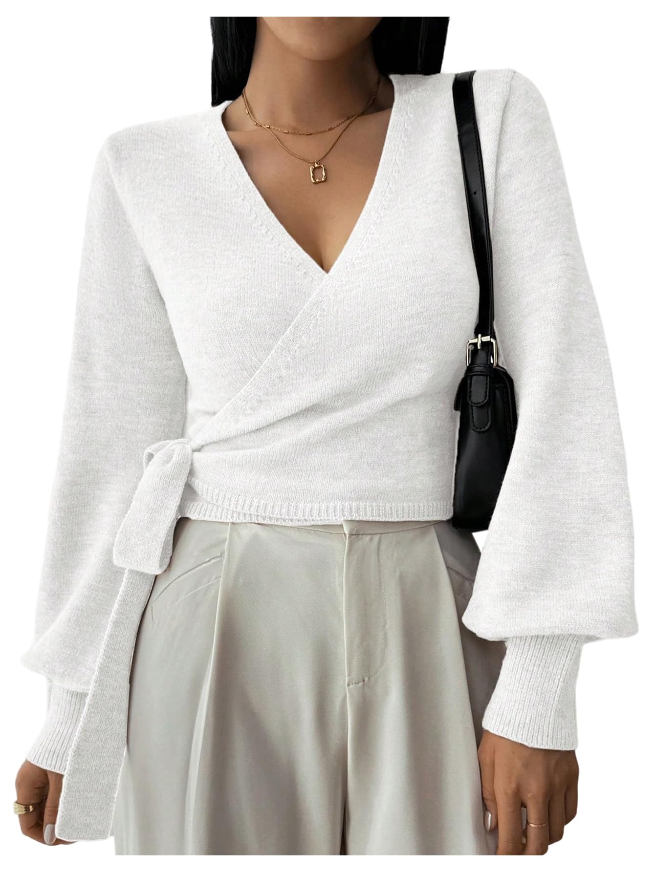 SOLY HUX Womens Long Sleeve V Neck Wrap Belted Sweater Elegant Office Knitted Crop Tops Fall Outfits
